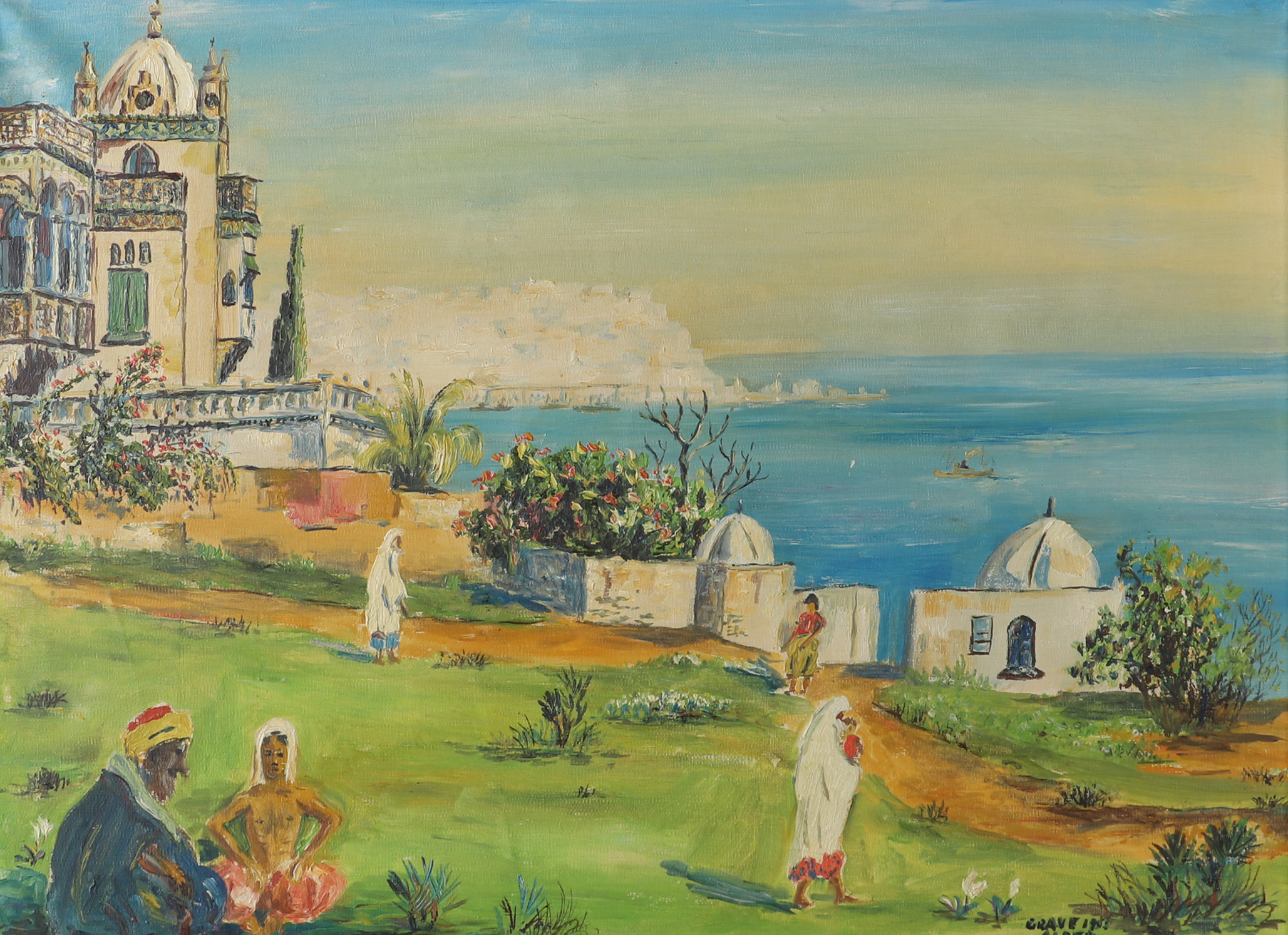 OIDENTIFIERAD KONSTNÄR. Nordafrikanskt landskap, olja på duk, otydligt signerad, 1950-tal.