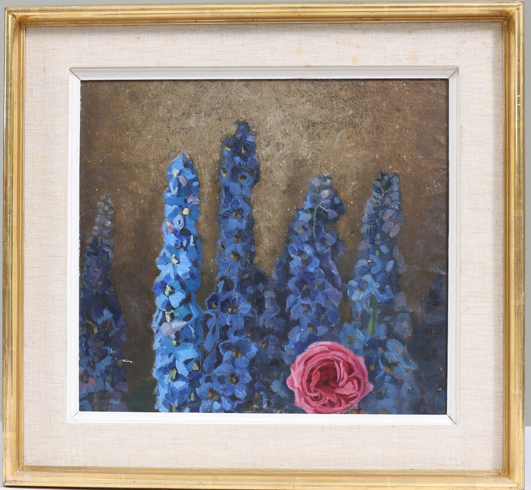 GUSTAF BÖKLIN. Riddarsporrar och en ros, olja på pannå.