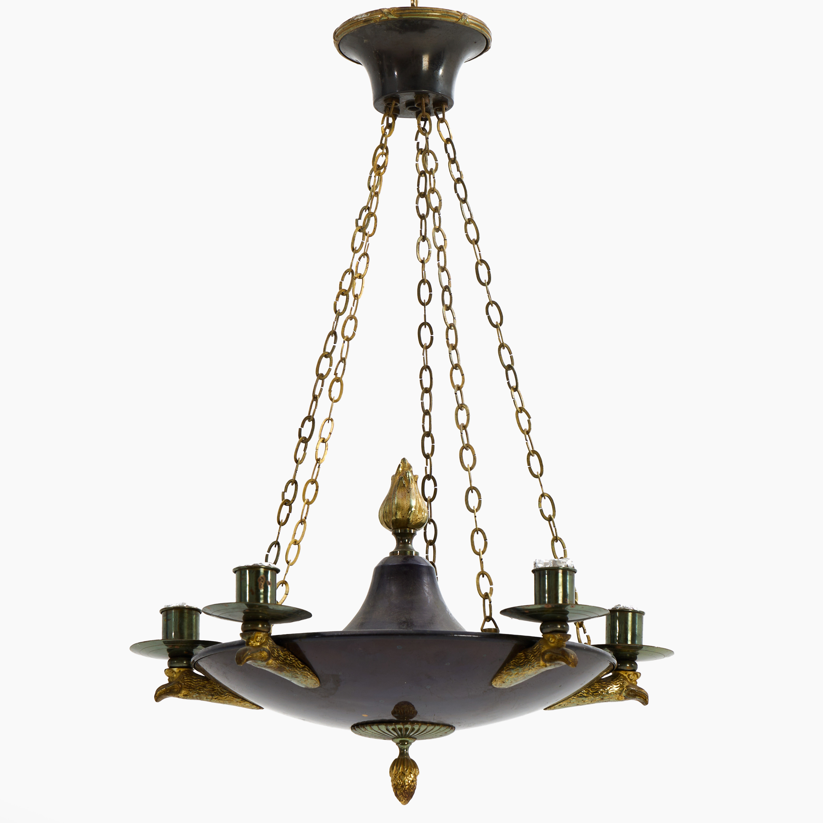 AMPEL, empirestil, 18/1900-tal, fem ljusarmar i form av örnhuvuden, mässing/plåt, delvis patinerad och förgylld.