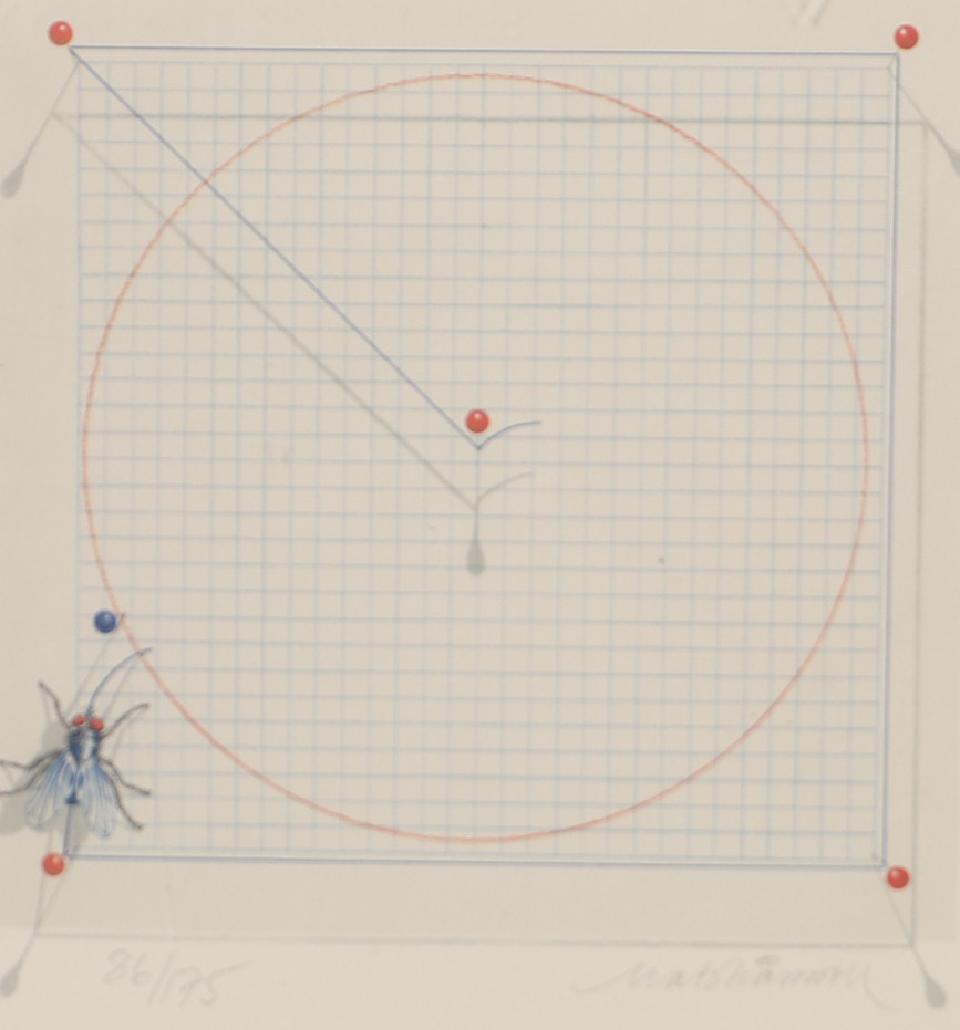 MATS MÅNSSON. Färglitografi, komposition med fluga, 86/175, signerad.