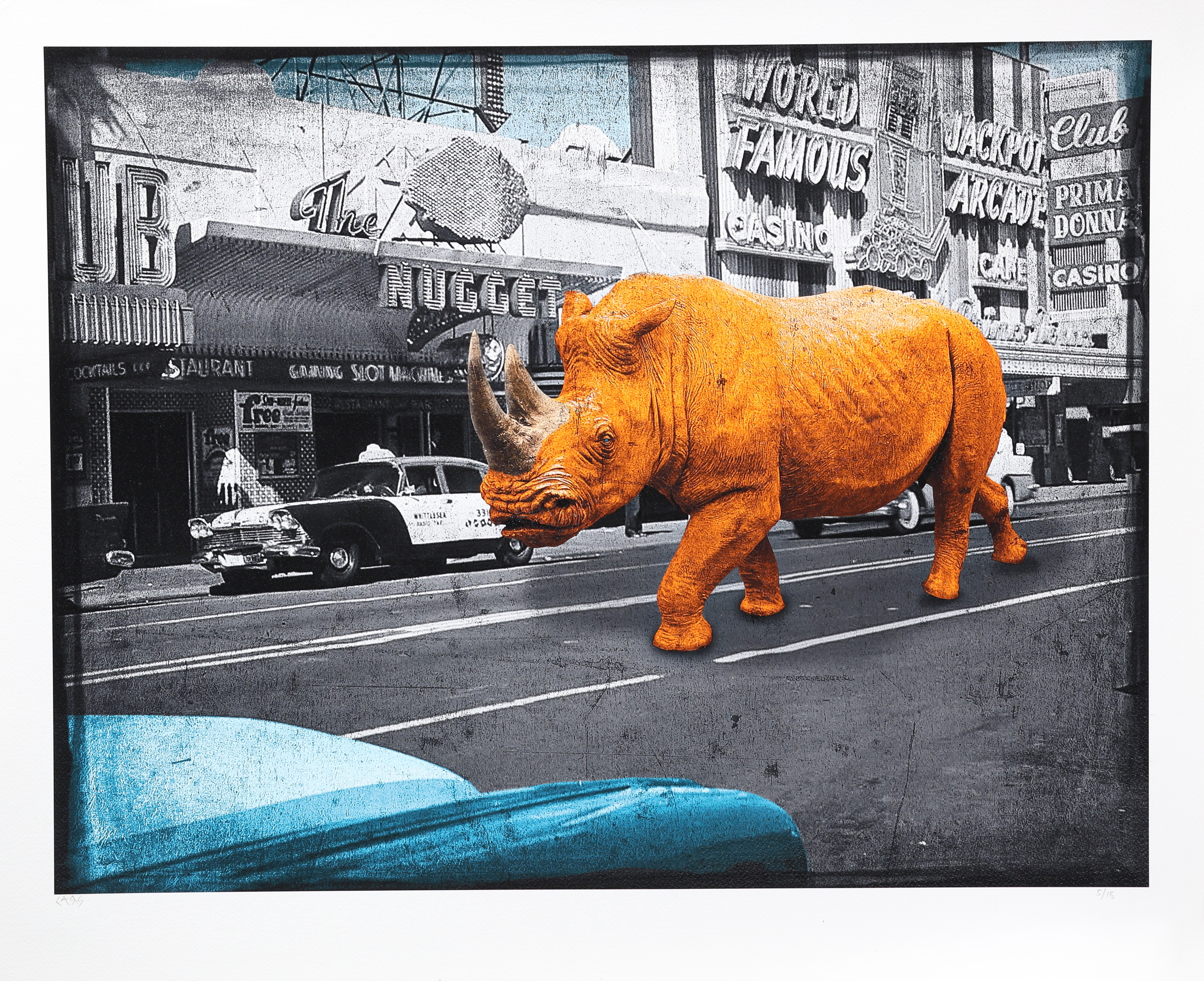 LARS TUNEBO. Mixed media, ”Raging Rhino” signerad, numrerad 5/15.