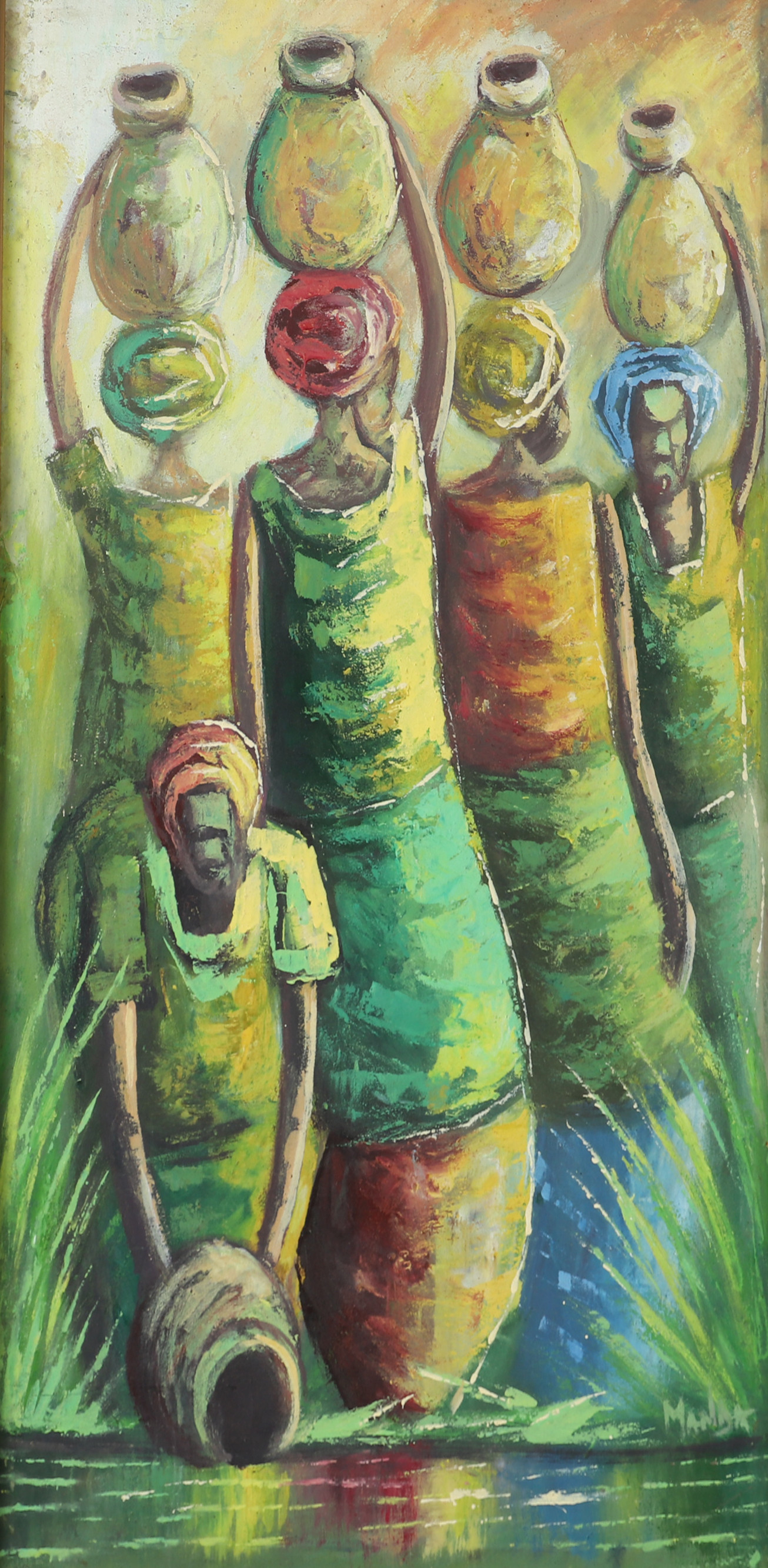 OIDENTIFIERAD KONSTNÄR. Kvinnor hämtar vatten, olja på duk, osignerad.