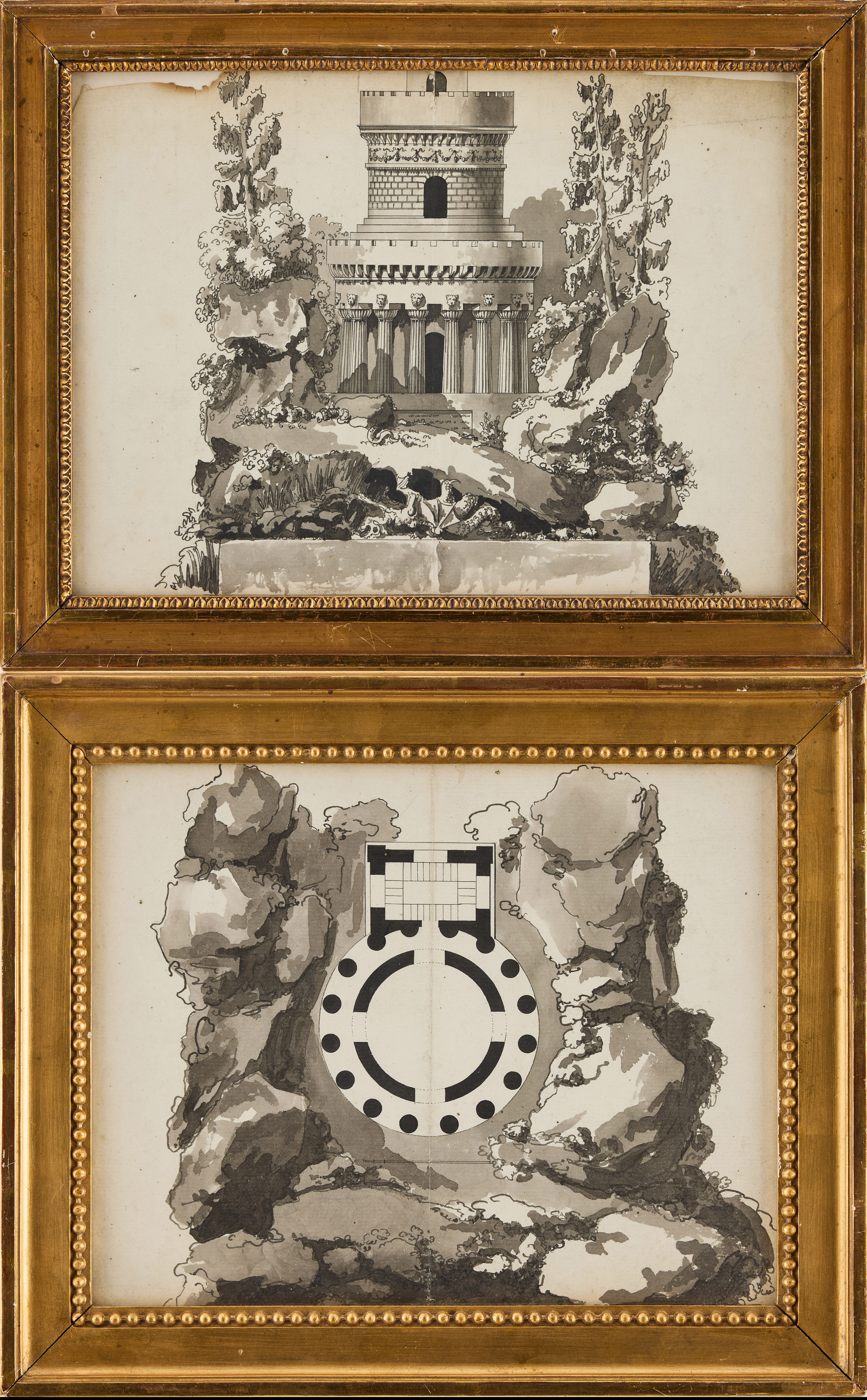 LOUIS JEAN DESPREZ (1743-1804). Hans krets. Projekt till götiskt torn - elevation och plan, två stycken.