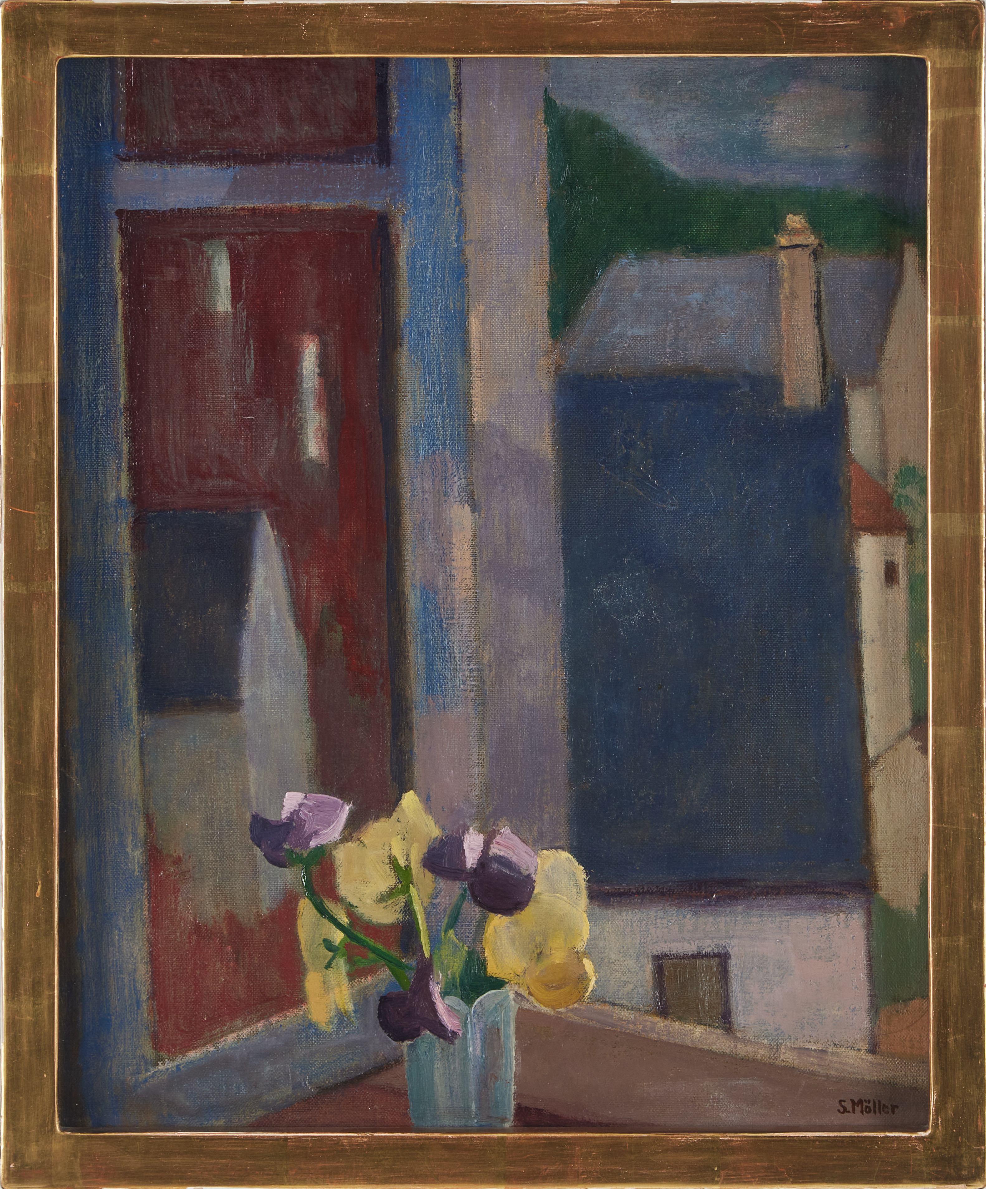 SIGURD MÖLLER. "Violer i ett fönster", olja på duk.