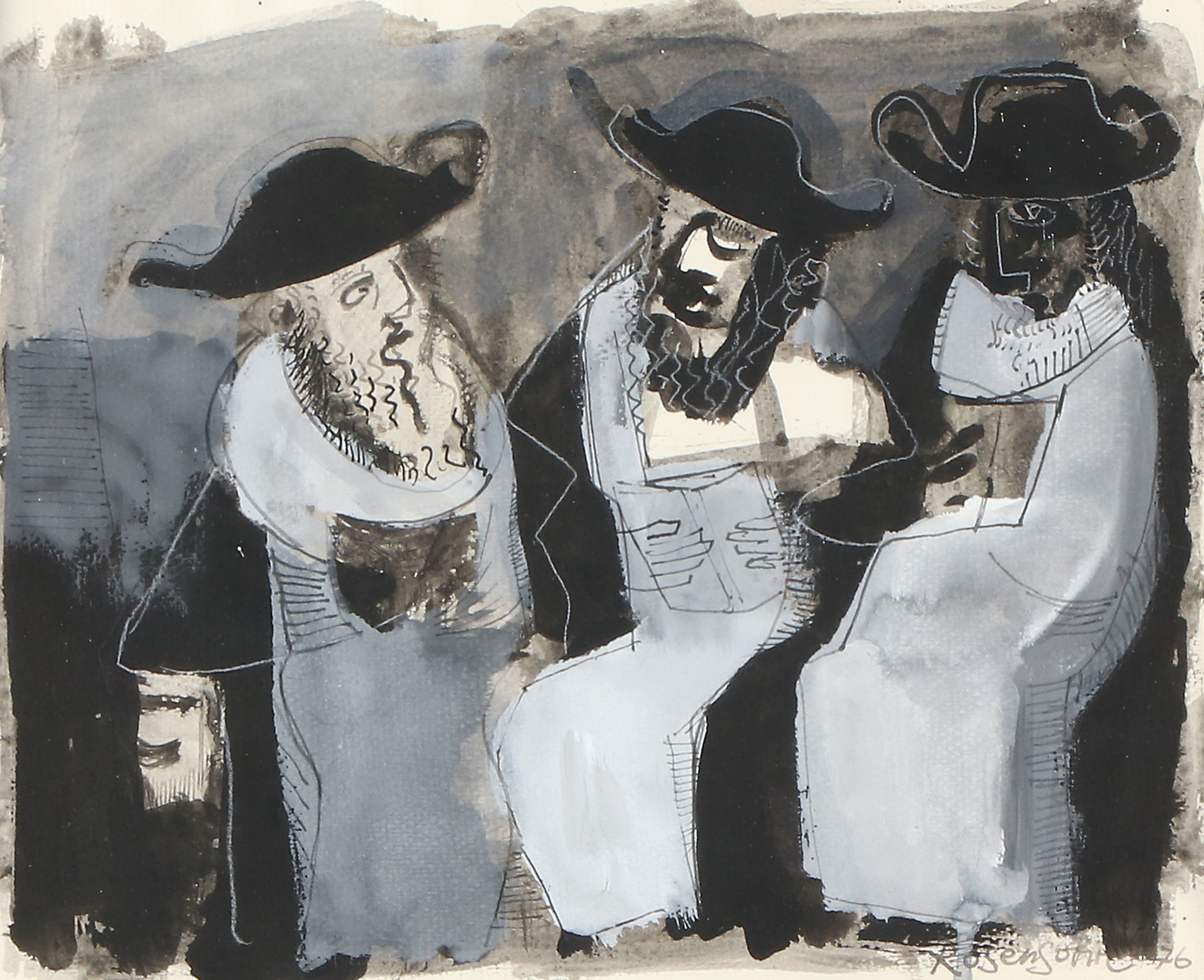 LENNART ROSENSOHN. Blandteknik på papper, signerad och daterad -76. Tre rabbiner.