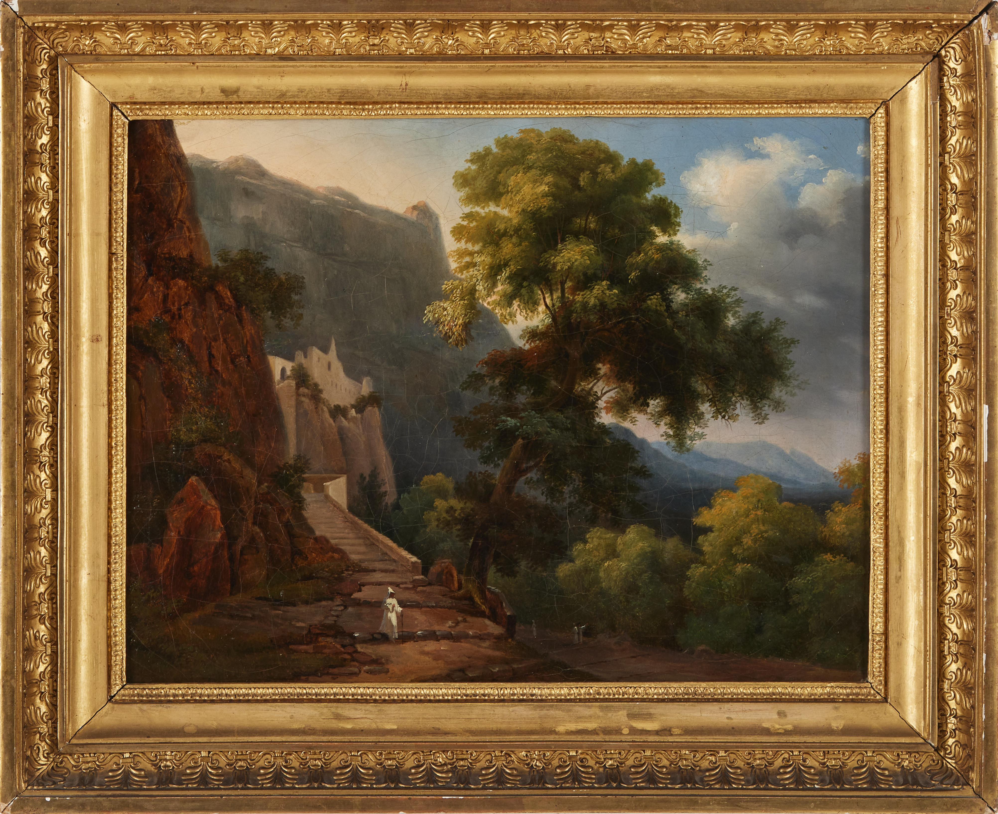 OIDENTIFIERAD KONSTNÄR (1800-TAL). Landskap med vandrare, olja på duk.