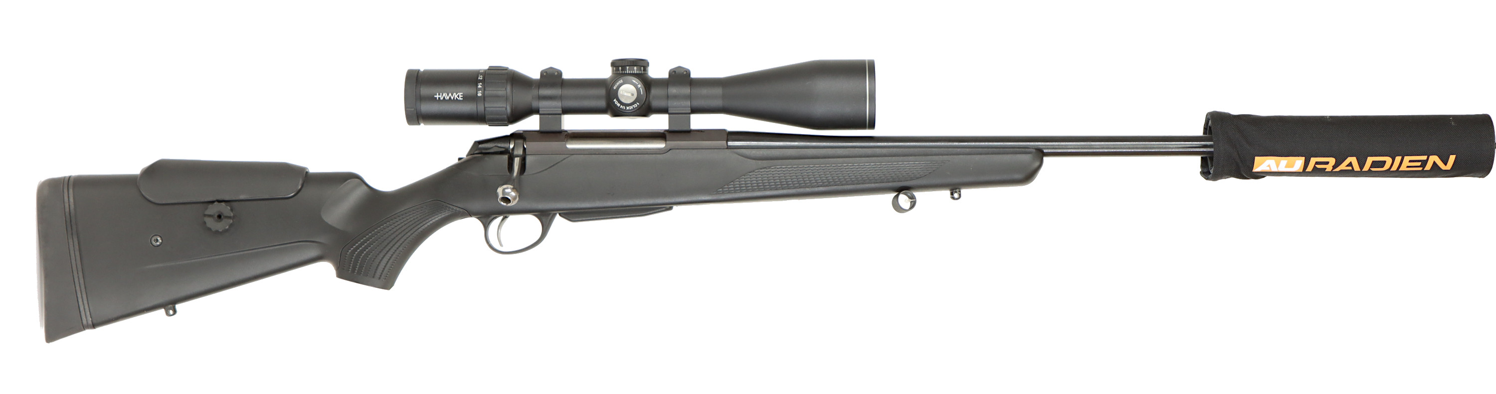 KULGEVÄR MED LJUDDÄMPARE, fabrikat Tikka, modell T3x, kaliber .223 Rem, tillv.nr Y20036, se-nr SE3451781.