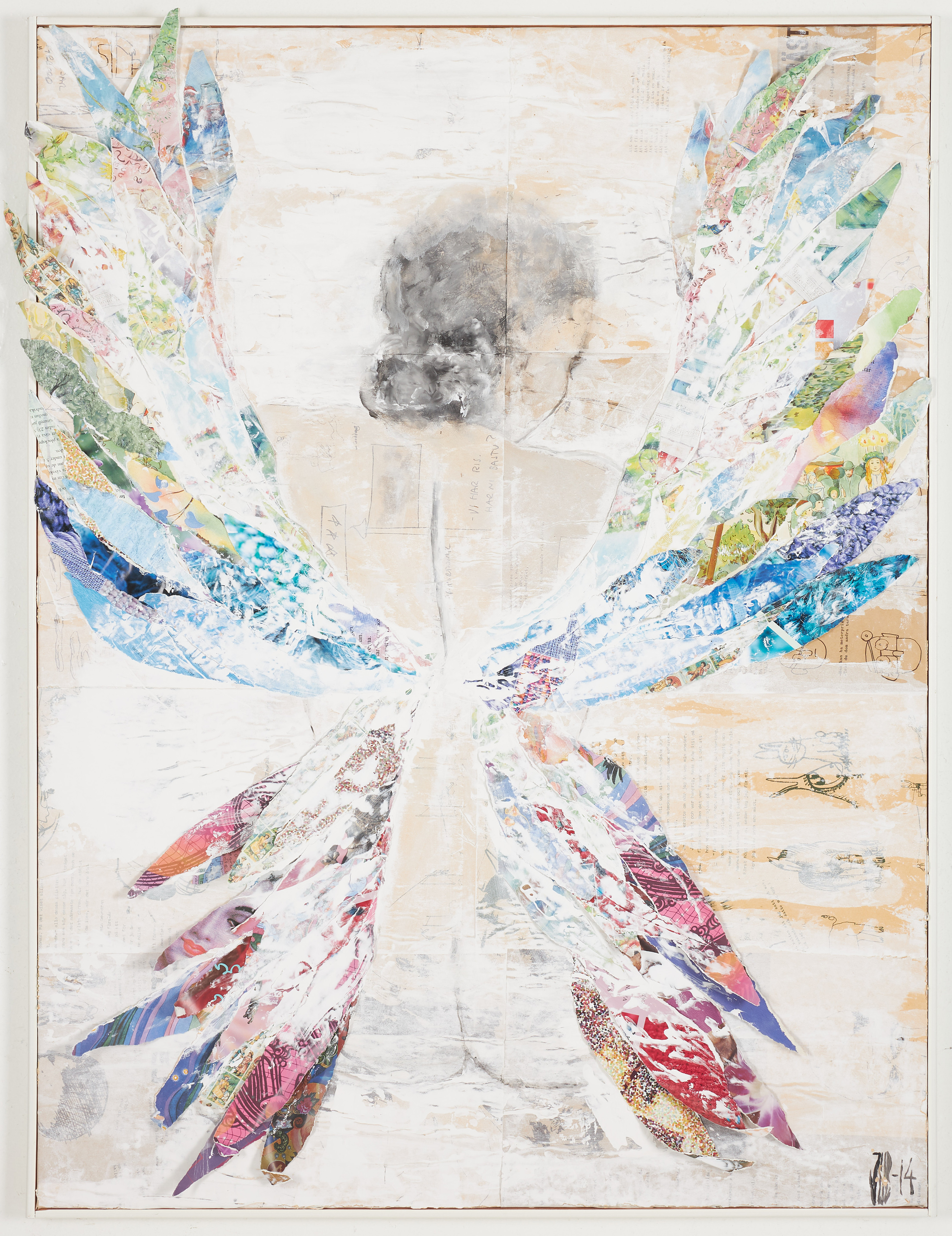 JOHANNA STUART. f.d Wiemer, motiv med ängel, collage / blandteknik, monogramsignerad, daterad 2014.