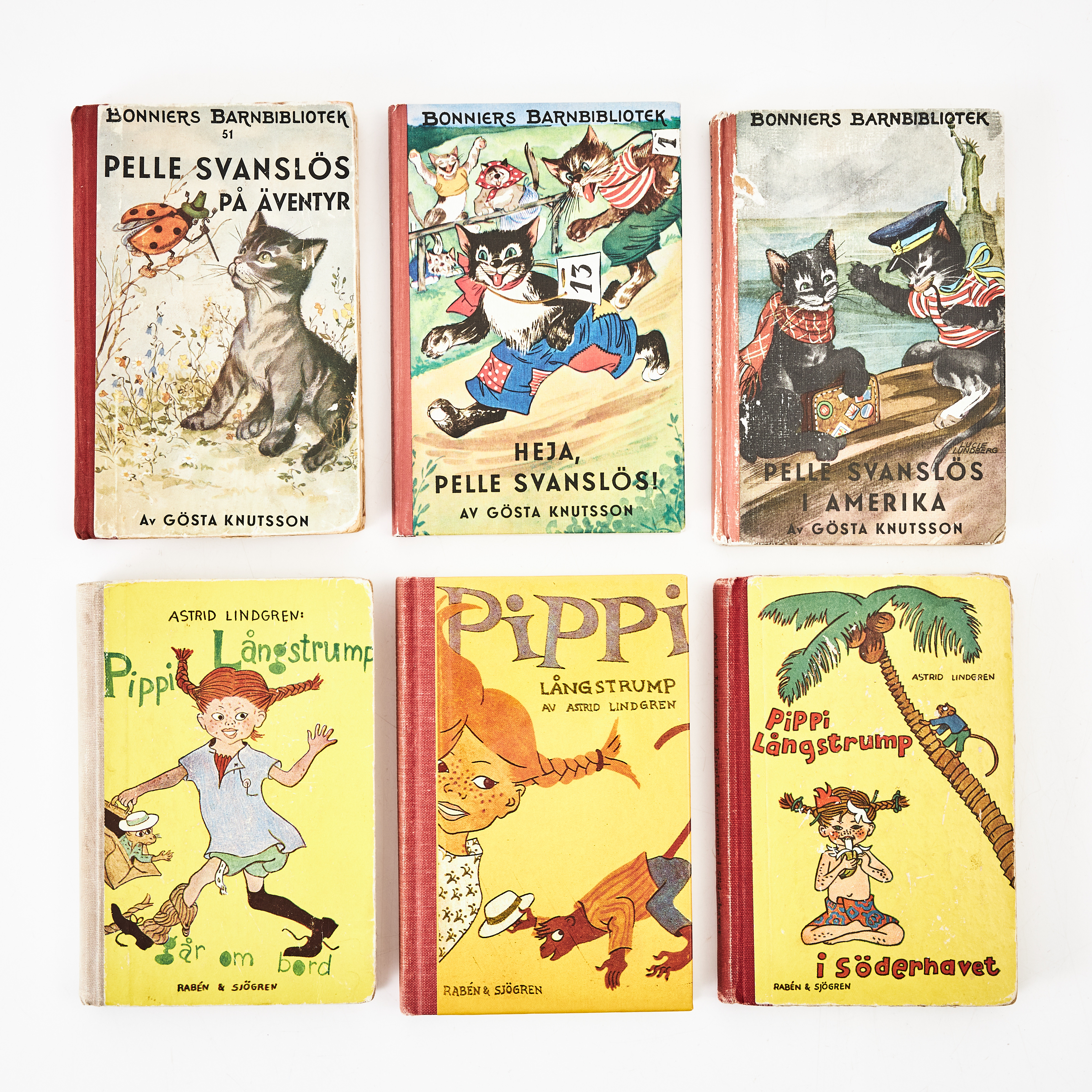 ASTRID LINDGREN OCH GÖSTA KNUTSON, 6 volymer barnböcker, Pippi Långstrump och Pelle Svanslös.