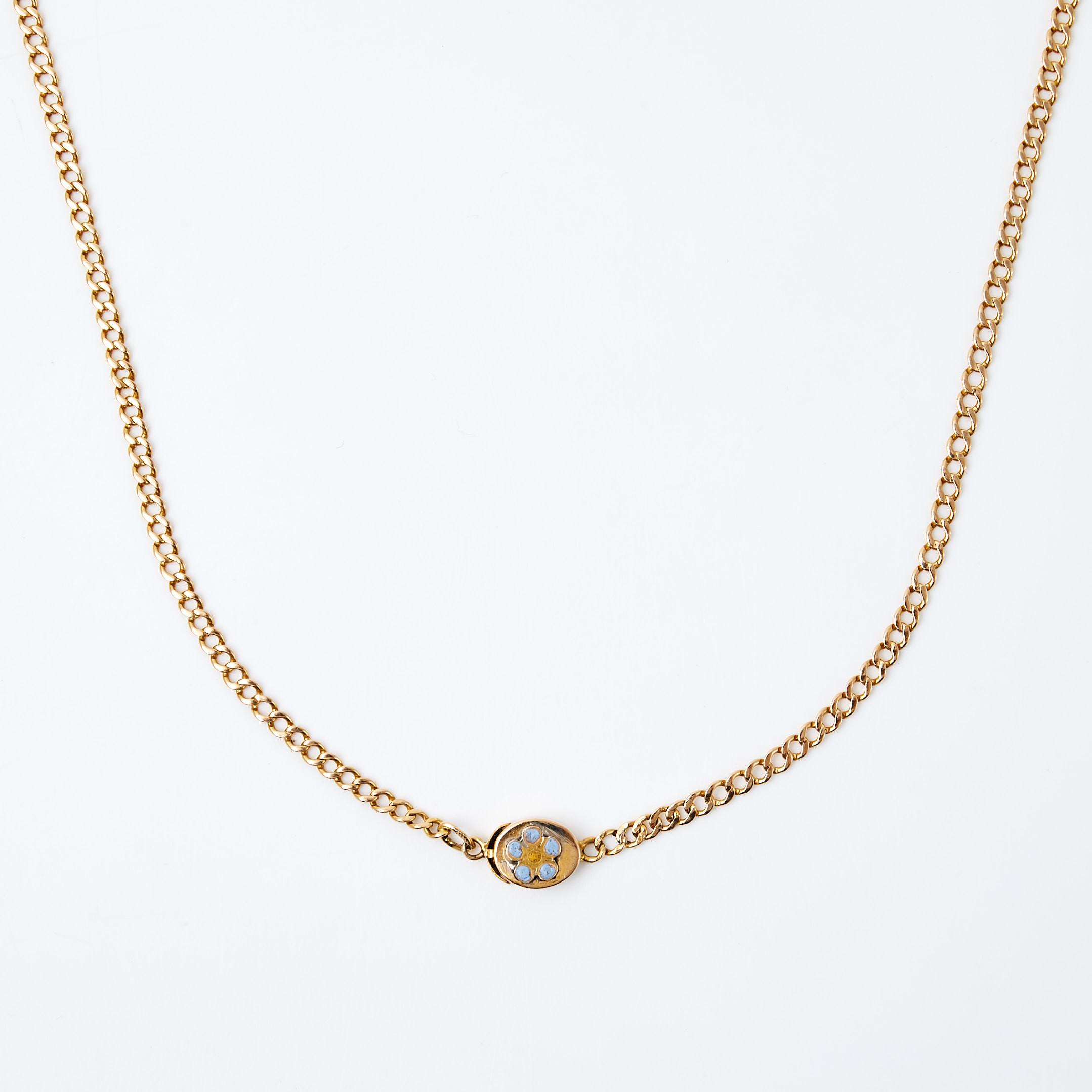 HALSBAND, 18 k guld, pansarlänk, emaljdekor i blått och gult, lås med dekor av förgätmigej, Eric Björkman, Eskilstuna 1835.