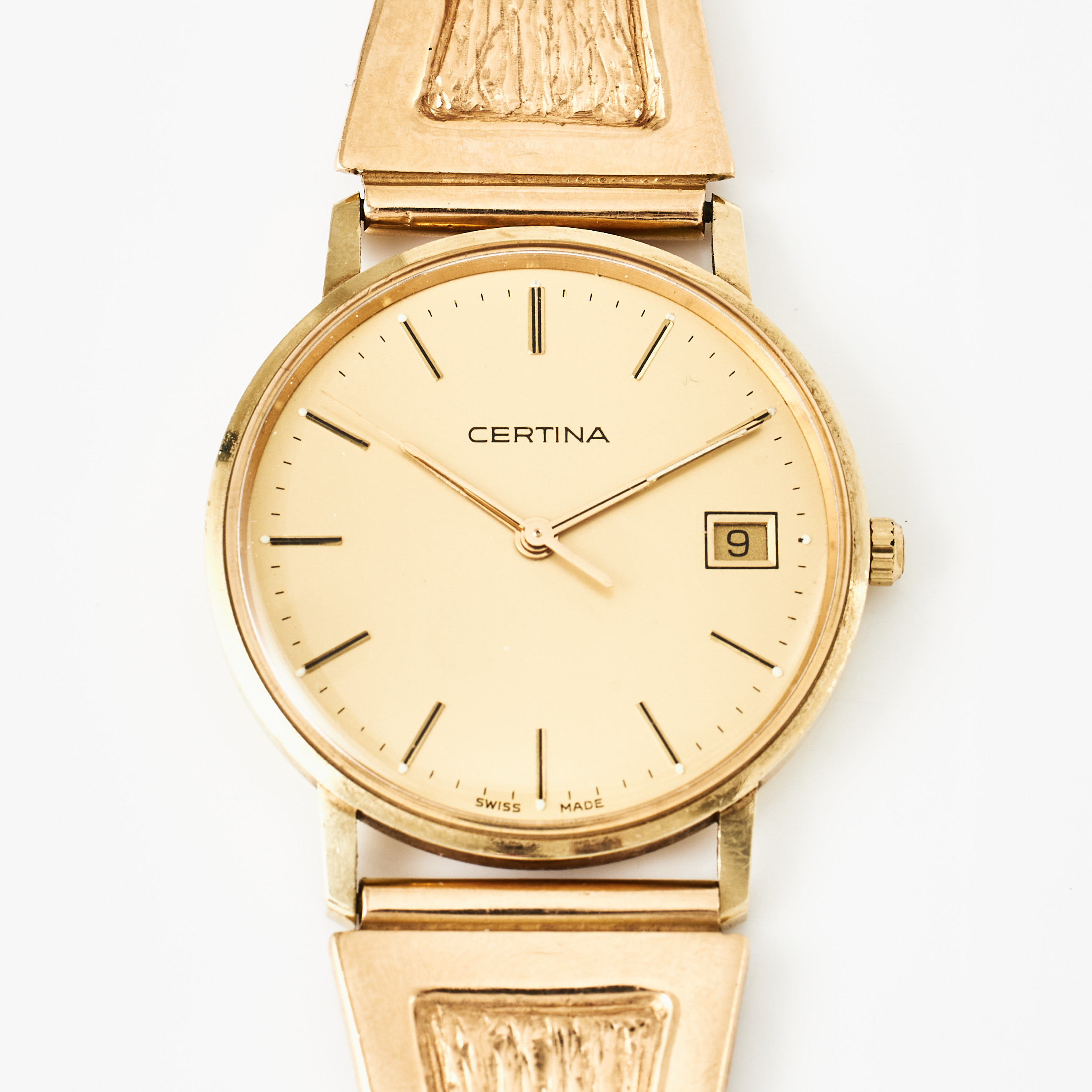 CERTINA, armbandsur, 14 k guld, quartz, datum, 1990-tal, armband, 18 k guld, rektangulära plattor med strukturerade ytor, Louise Viktorssons Guldsmedsv., Örebro 2002.