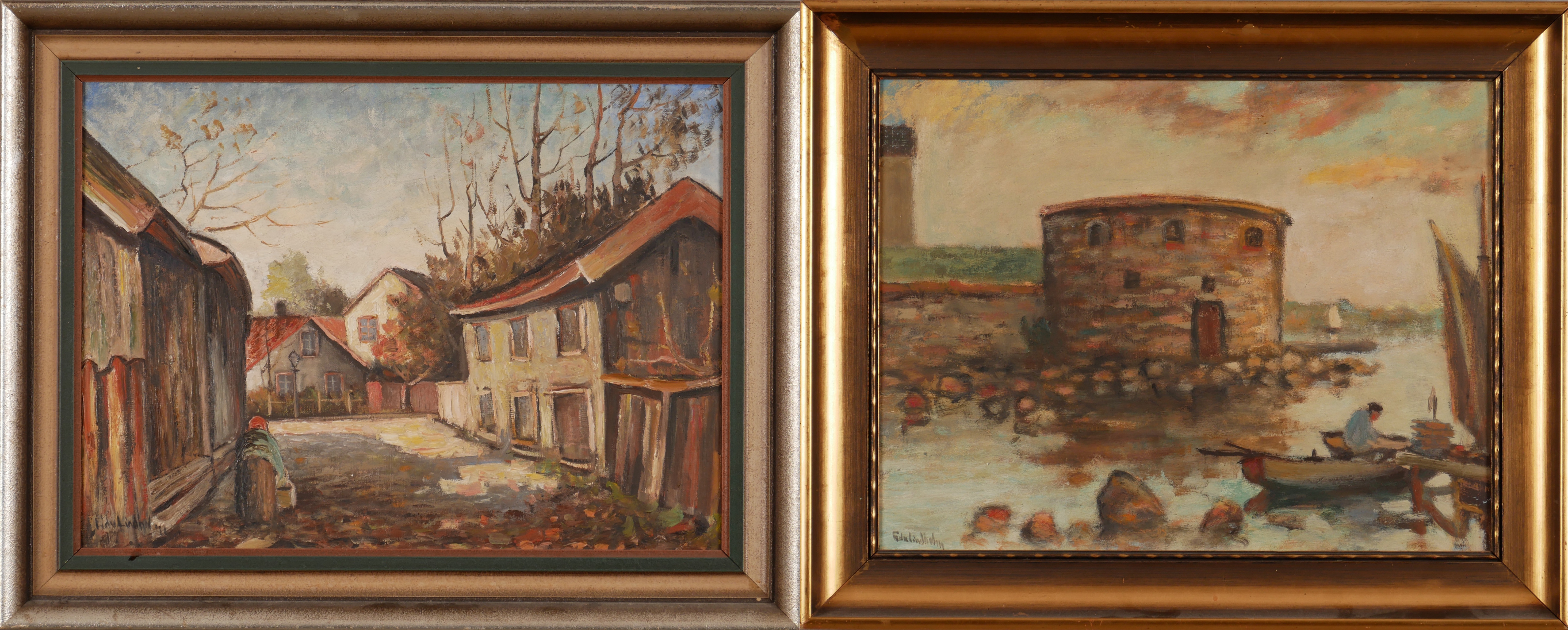 EDVIN LINDHOLM-HOUGE. Gatuvy och Kalmar slott, oljor, signerade.