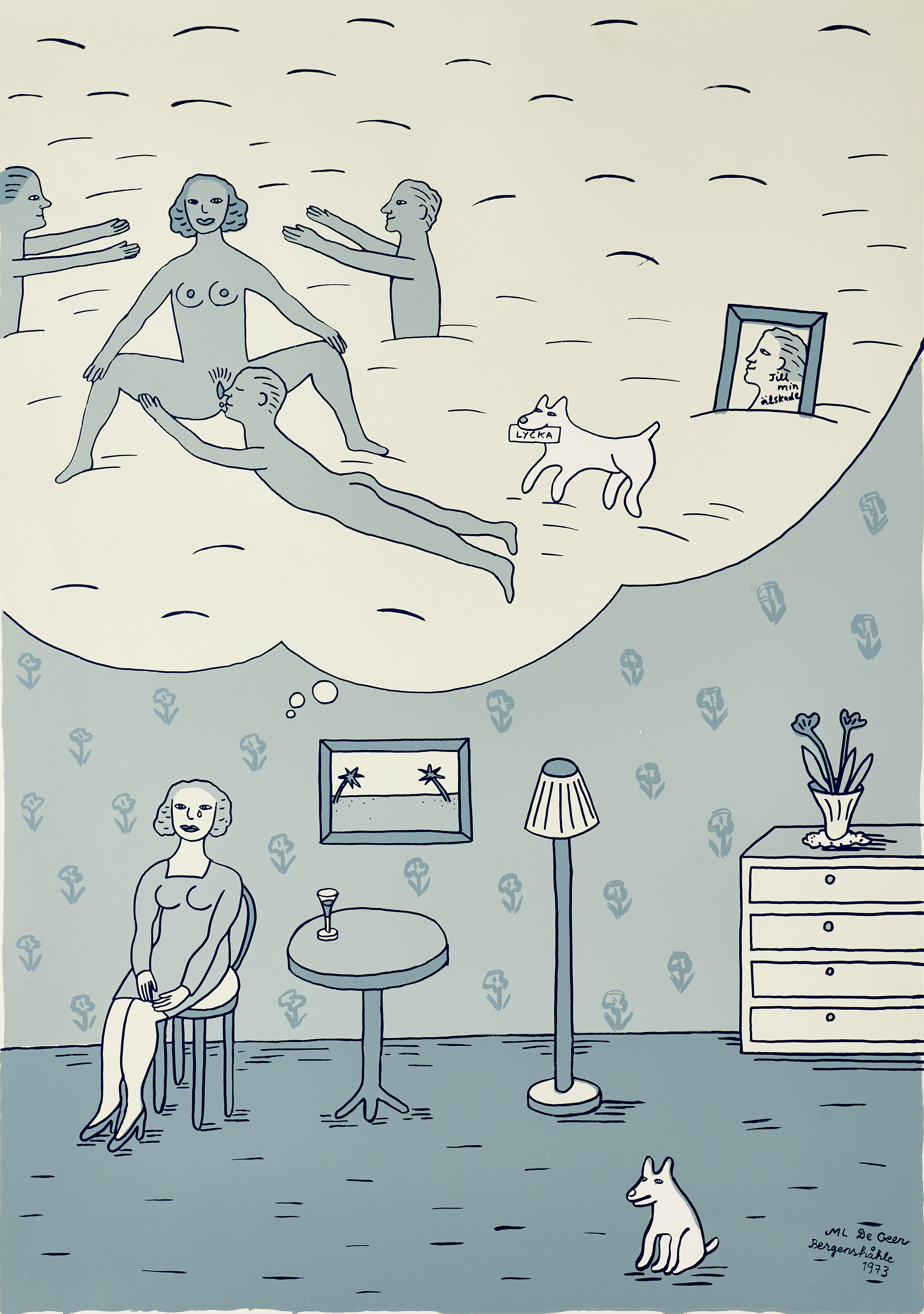 MARIE-LOUISE EKMAN (född 1944). "Till min älskade", signerad och daterad i trycket ML De Geer Bergenstråhle 1973, färgserigrafi.