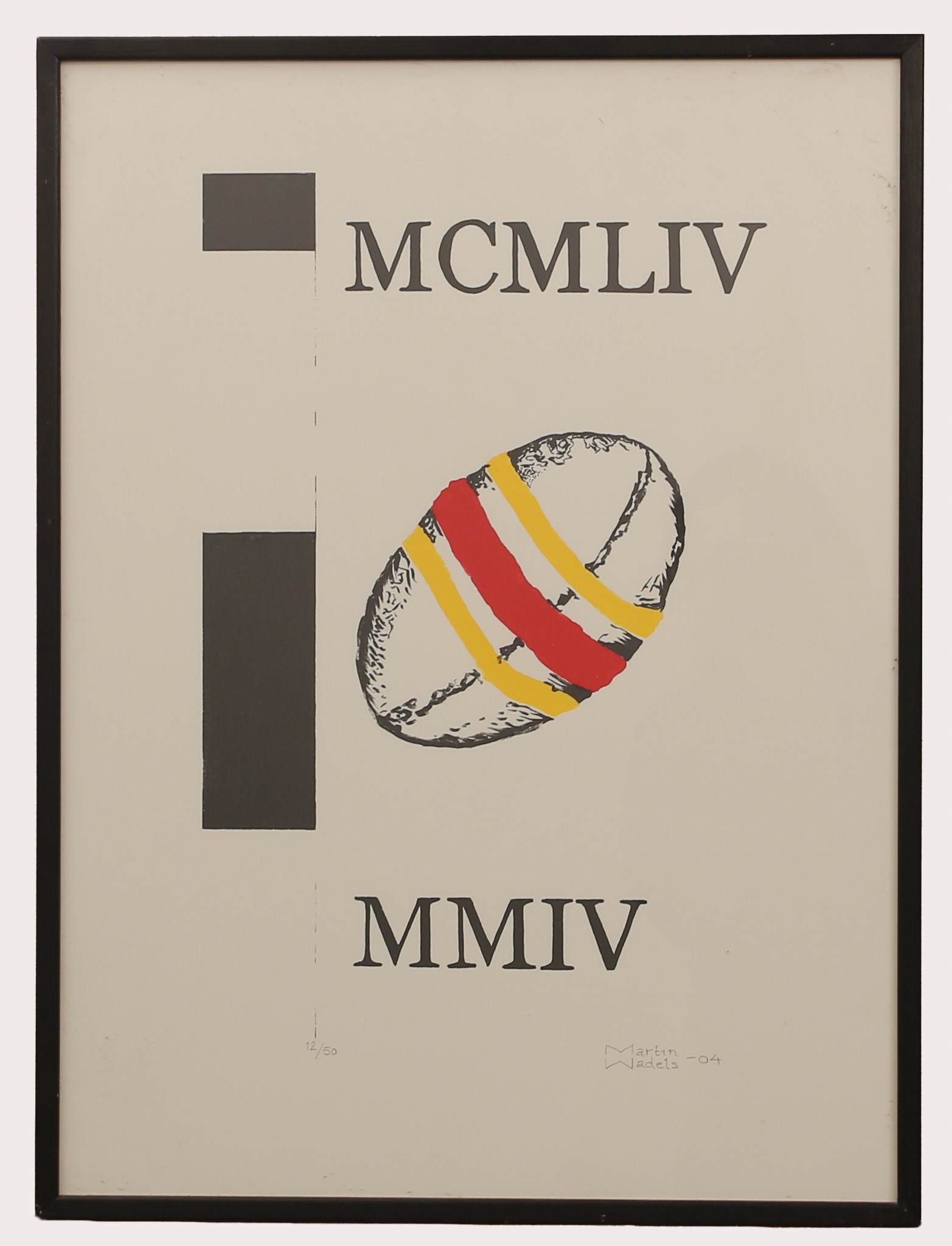 MARTIN WADELS. Färglitografi, komposition med rugbyboll, signerad, daterad 2004, numrerad 12/50.