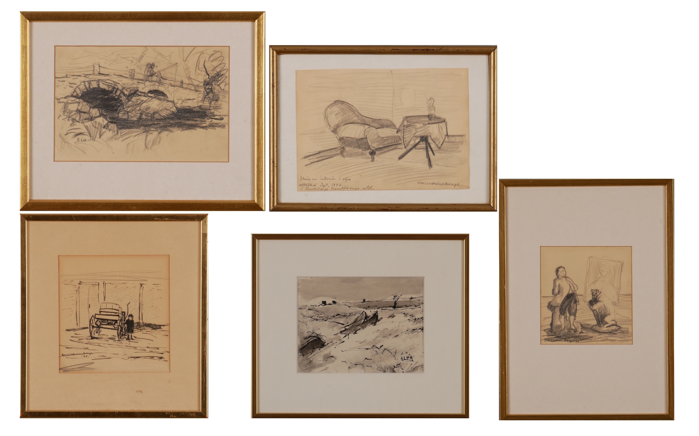 EDVIN LINDHOLM-HOUGE. Tavlor, 5 st, teckningar, signerade.