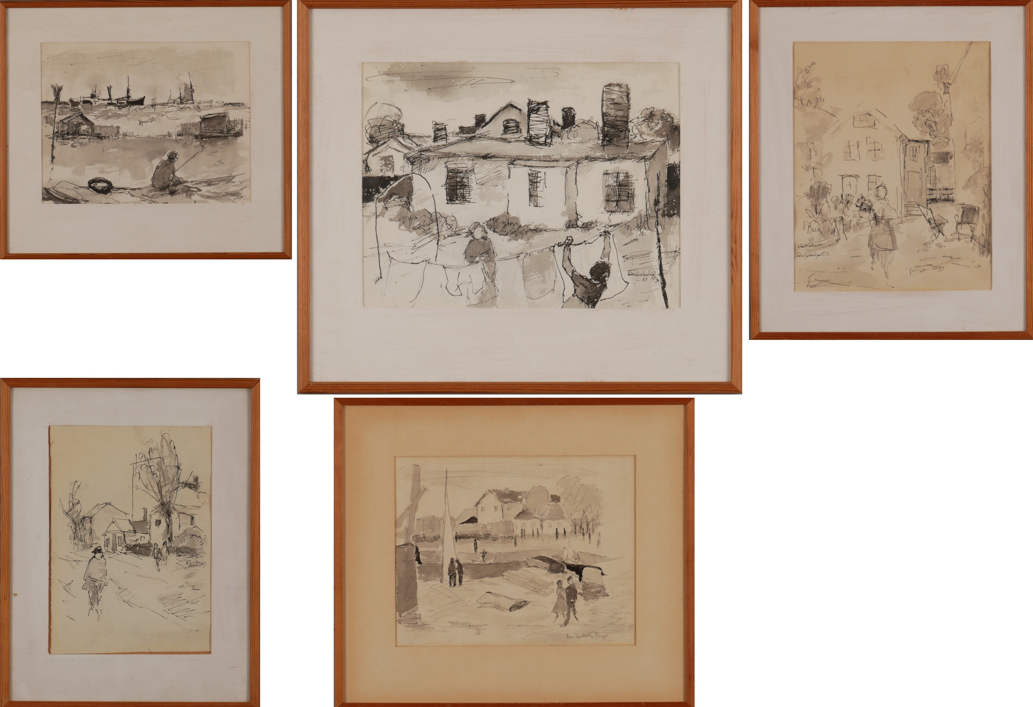 EDVIN LINDHOLM-HOUGE. Tavlor, 5 st, teckningar, signerade.