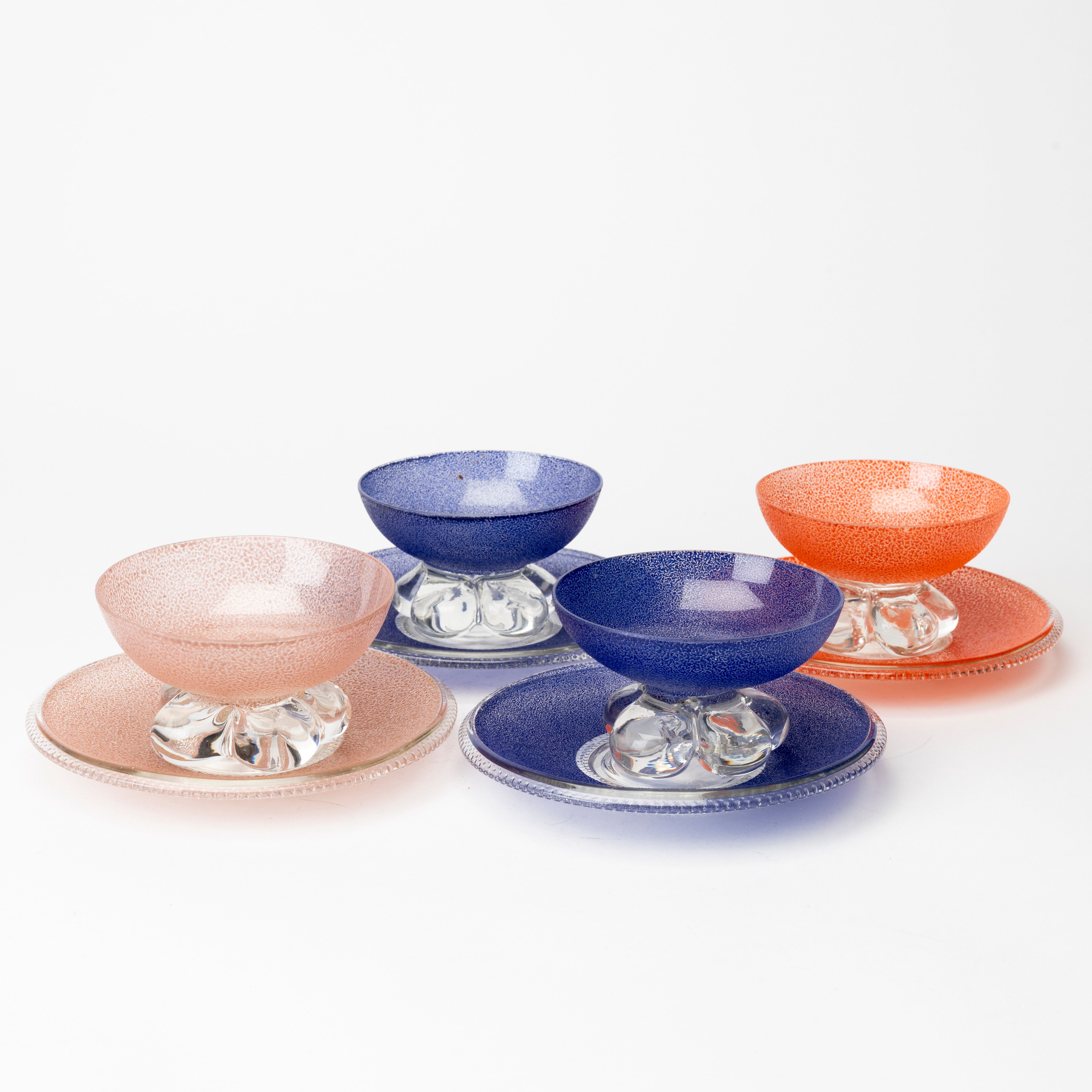 DESSERTSKÅLAR MED FAT, 4+4 delar, glas, troligen Trelleborg.