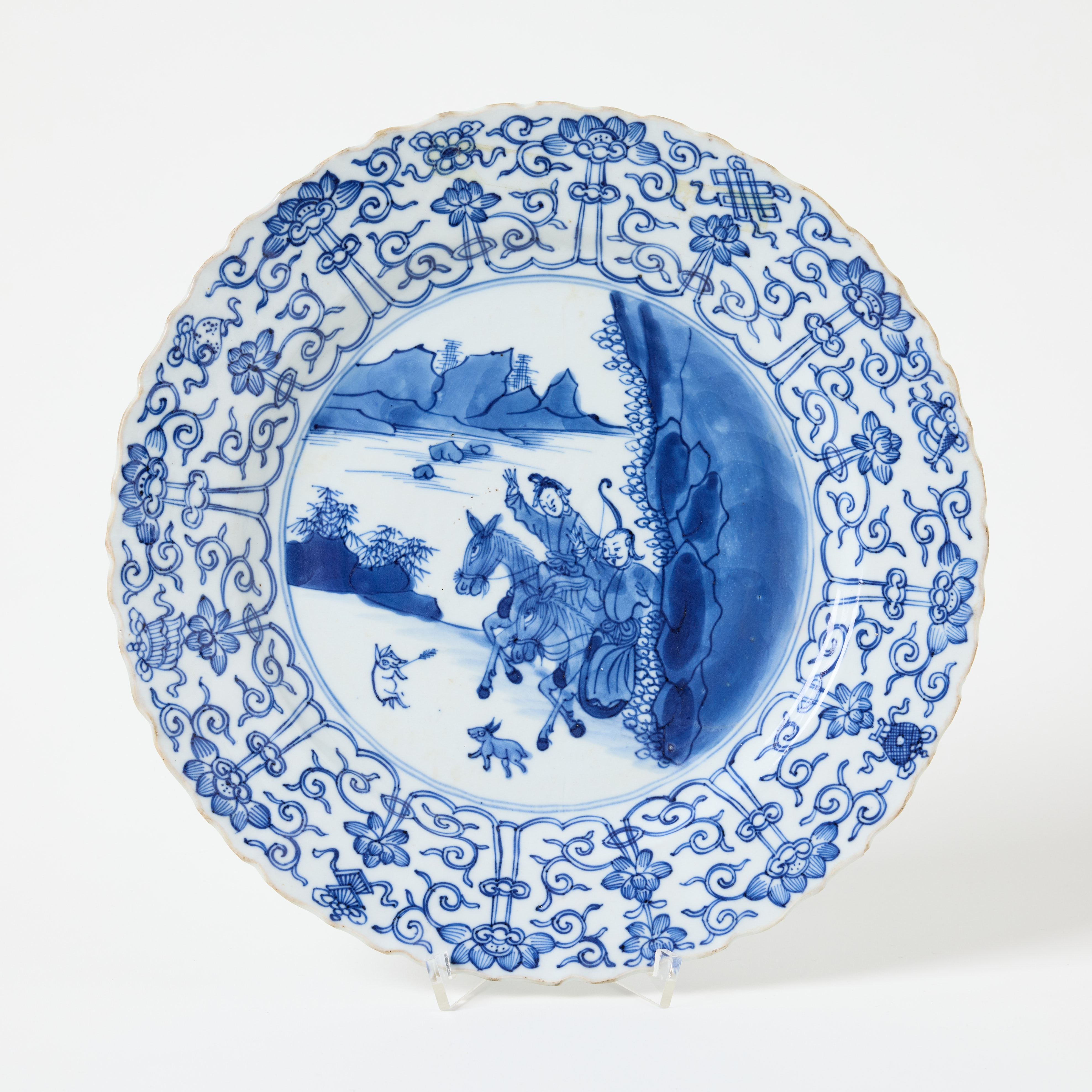 A Large Chinese Blue and White Hunting Scene Plate.