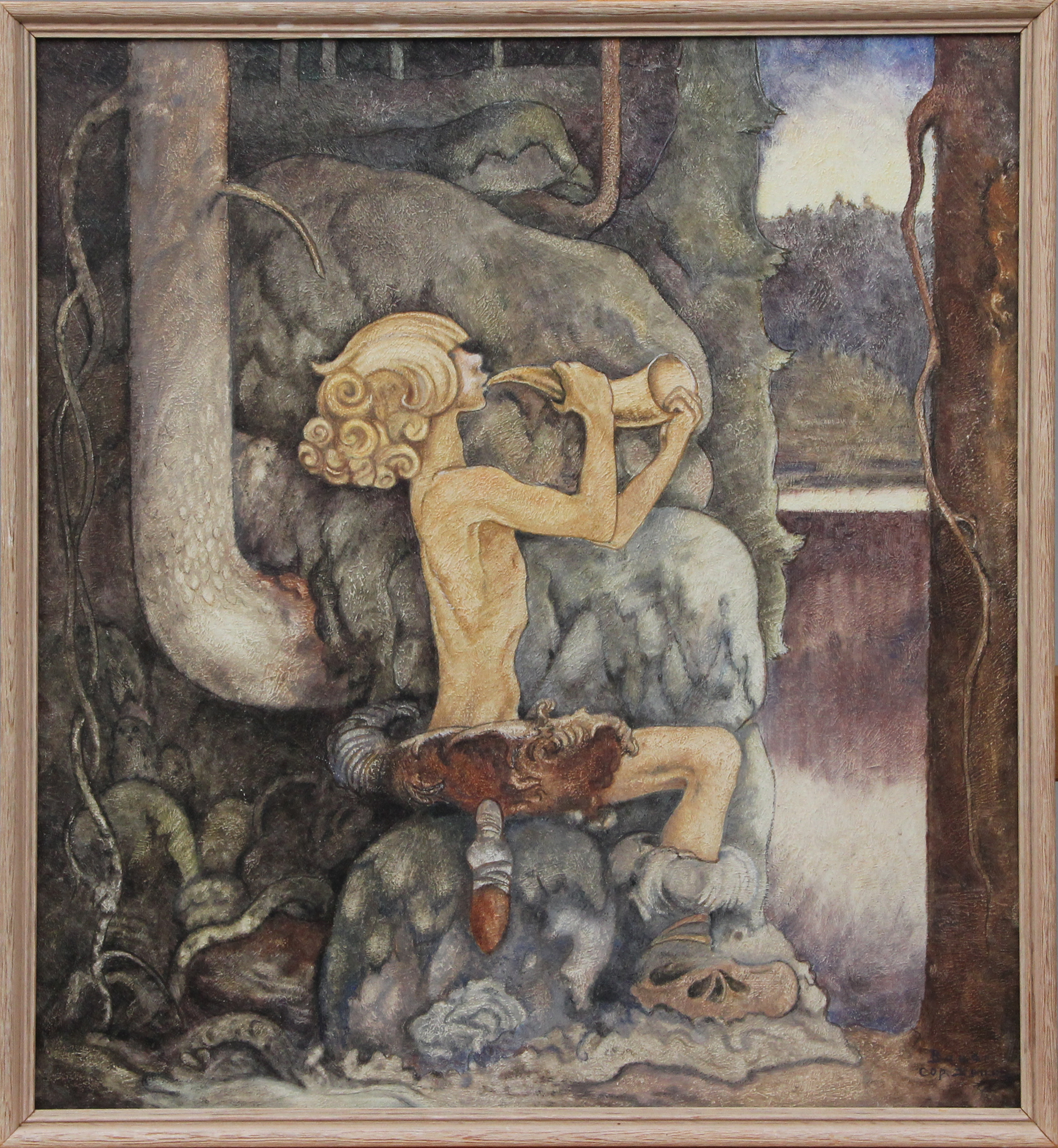 OIDENTIFIERAD KONSTNÄR. REPRODUKTIONSOLJA, på pannå, efter John Bauer, sign cop.