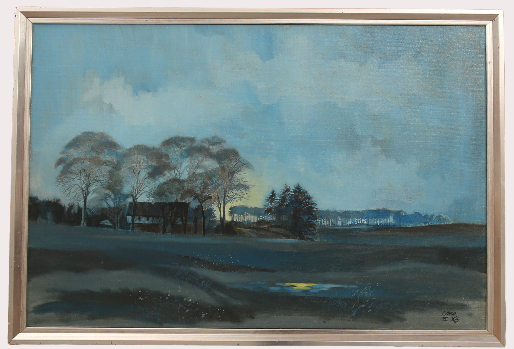 LARS CRONA. Olja på duk, hus och skog med soluppgång i bakgrunden, signerad, daterad 1996.