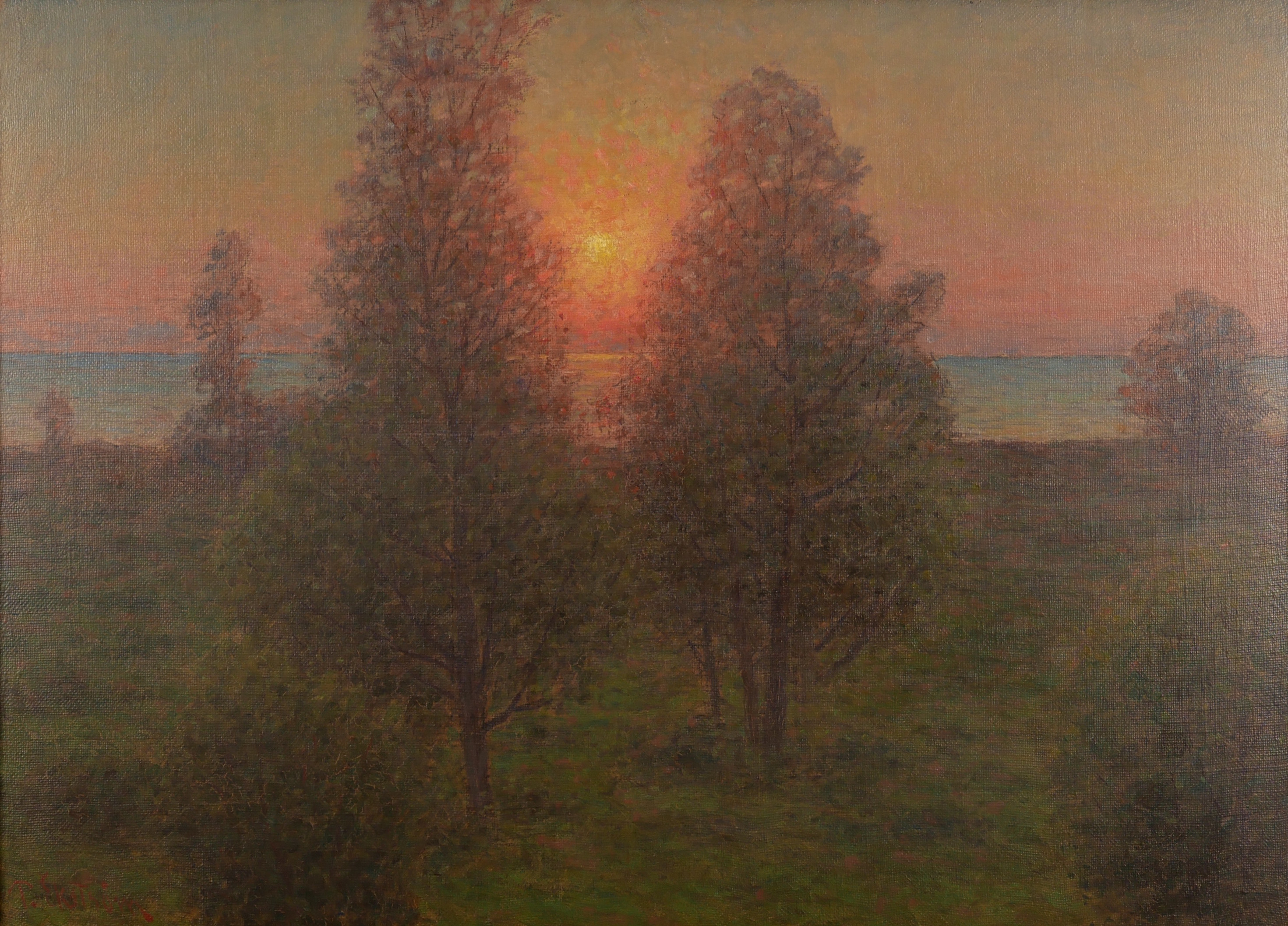 PER EKSTRÖM. Landskap med solnedgång över Öland, olja på tjock duk, signerad P. Ekström.