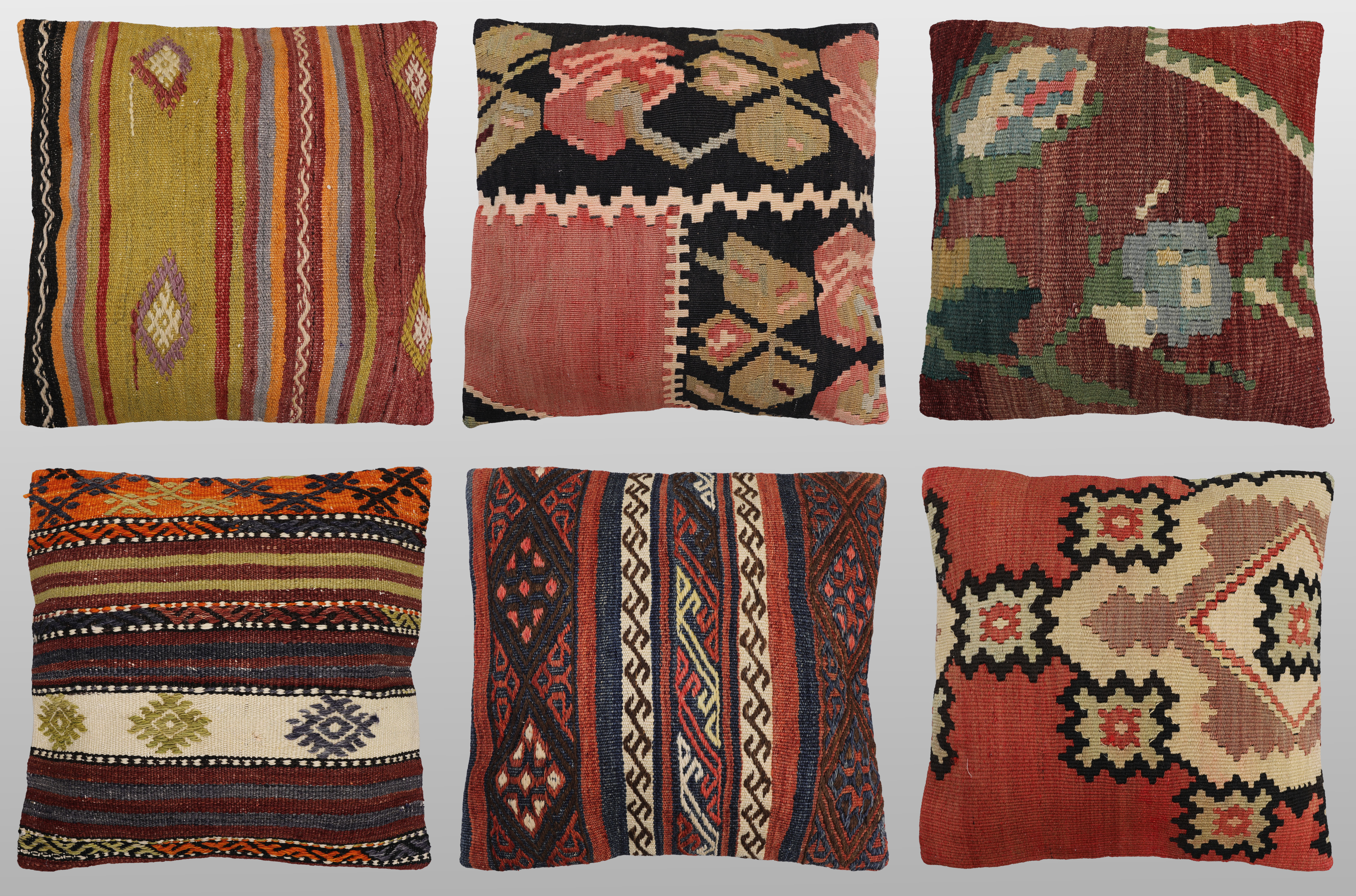 ORIENTMATTA. Parti kuddfodral 6st, anatoliska Kelim fragment, 40 x 40 cm.