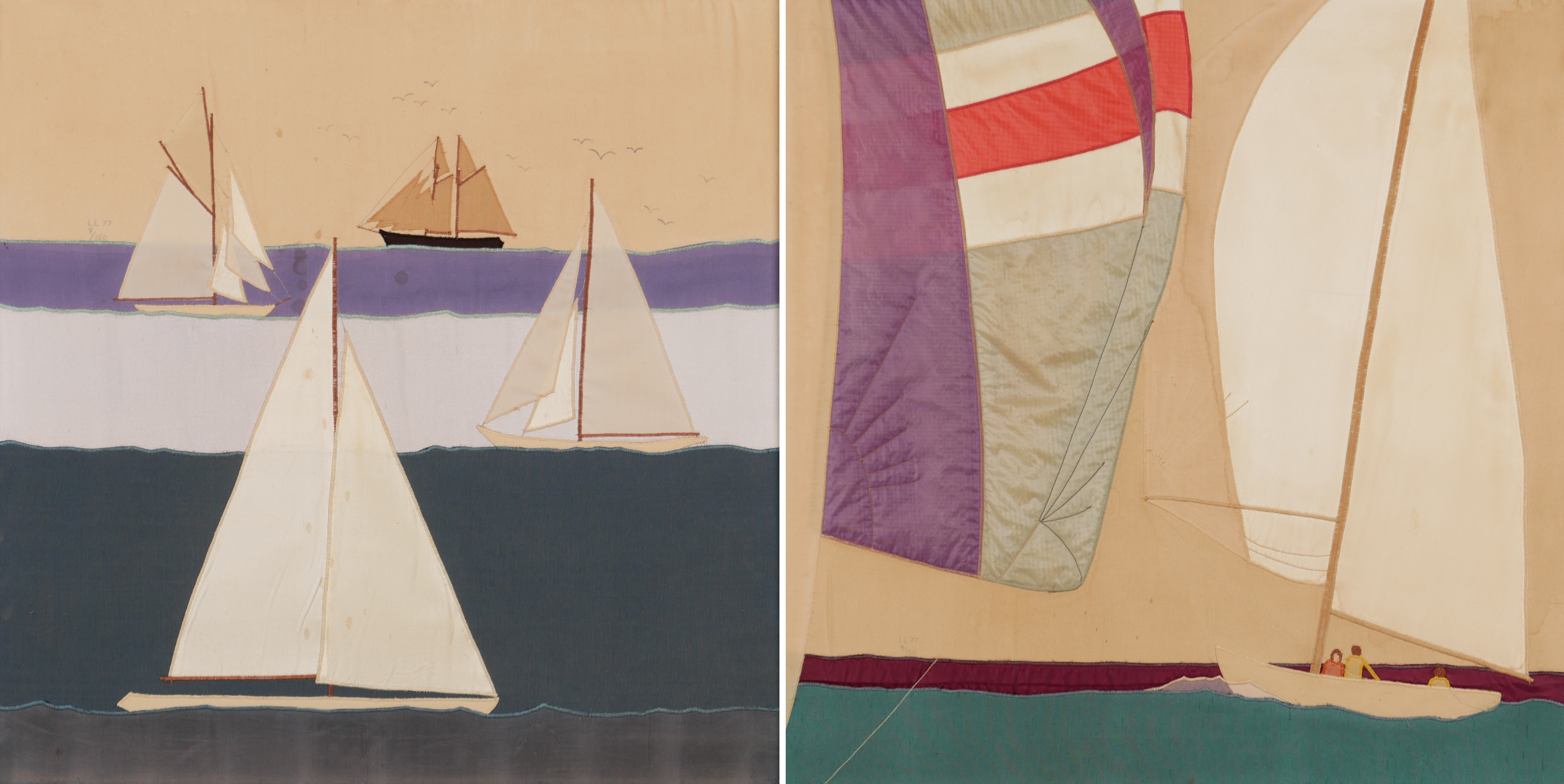 LOTTA LORENTZON. Textiltavlor, 2 st, marina motiv, signerade i ram, 1977.