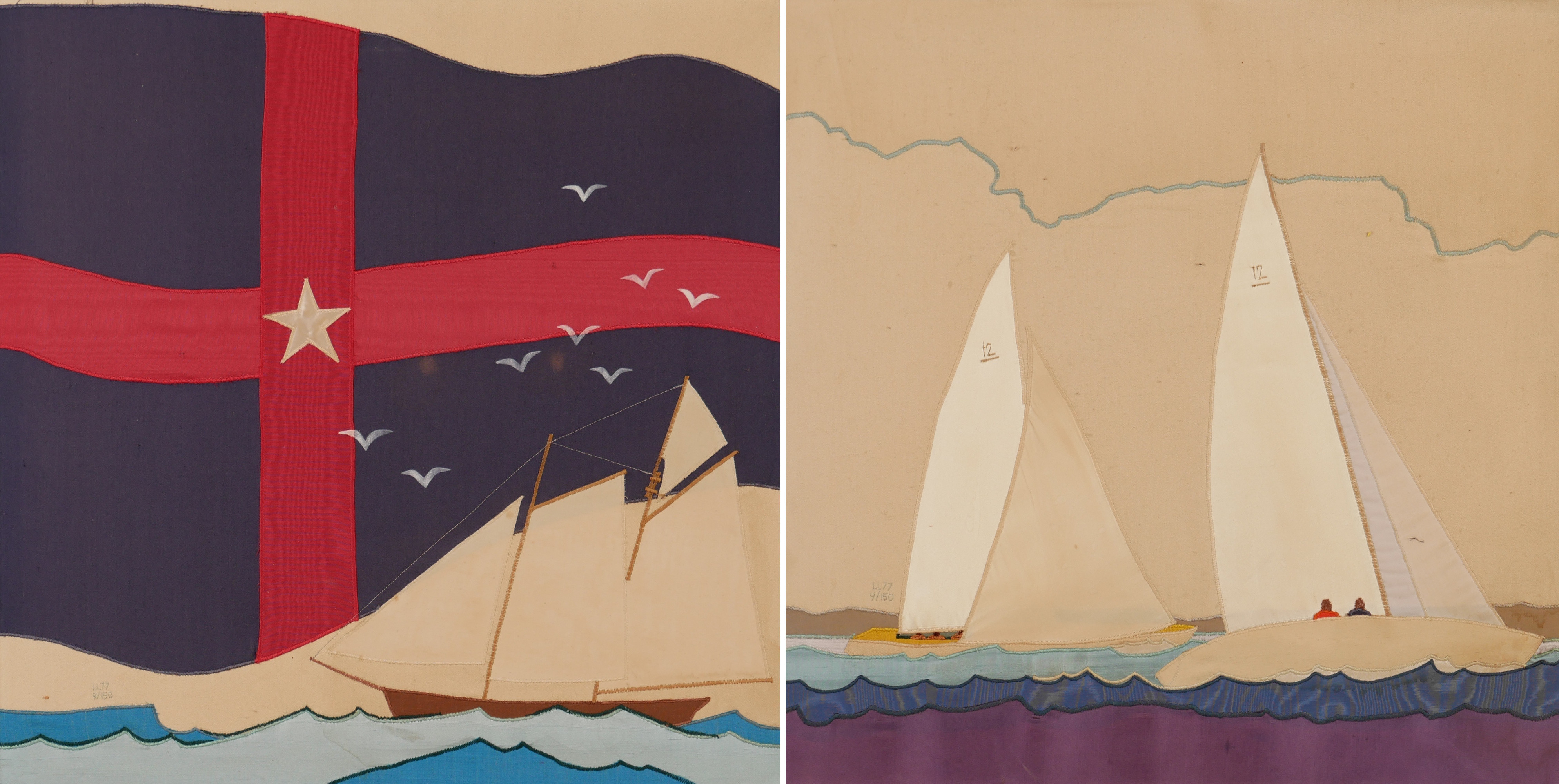 LOTTA LORENTZON. Textiltavlor, 2 st, marina motiv, signerade i ram, 1977.