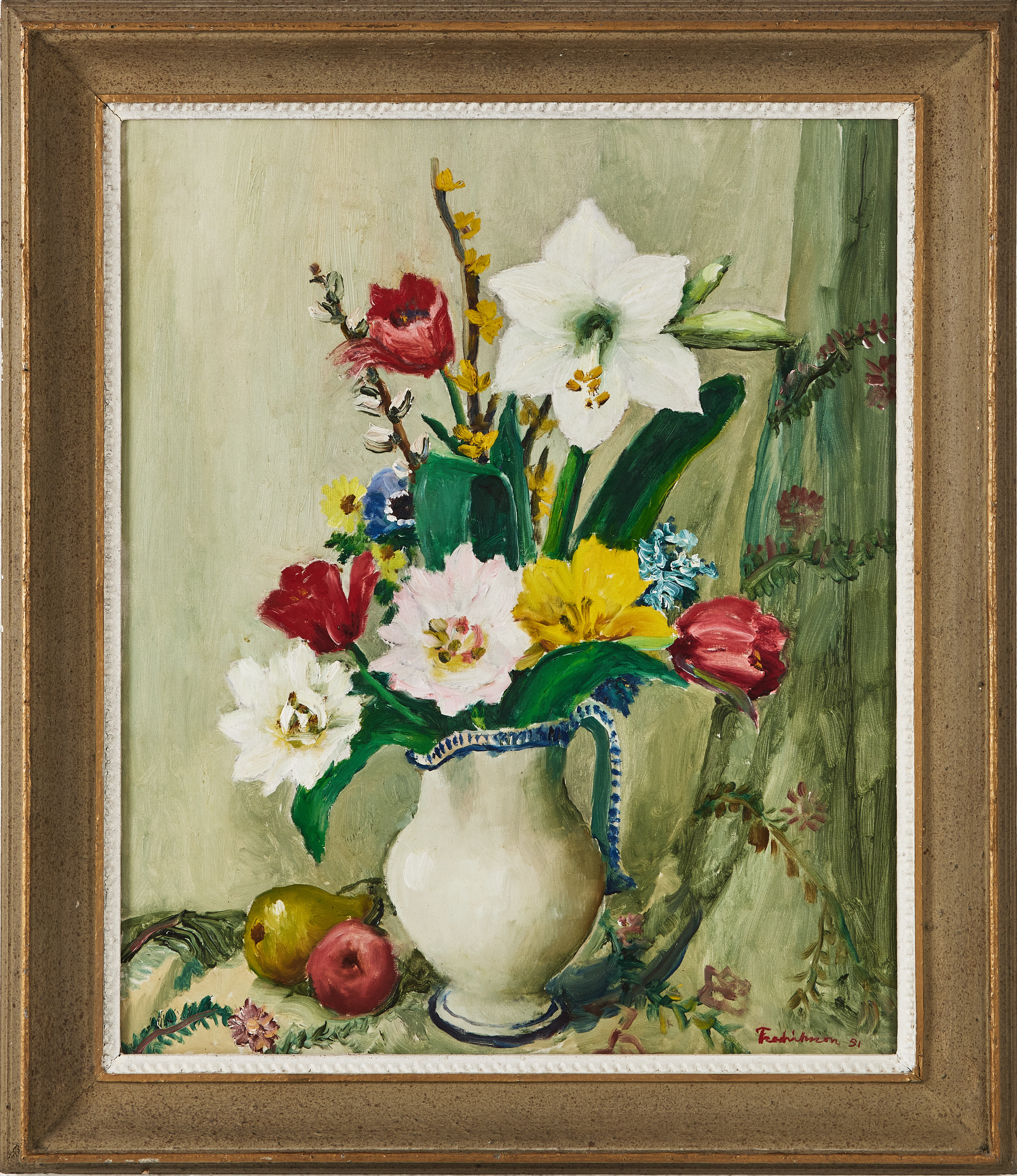 CARL EINAR "FIGGE" FREDRIKSSON. Stilleben med blommor i tillbringare, olja på duk, signerad samt daterad 51.