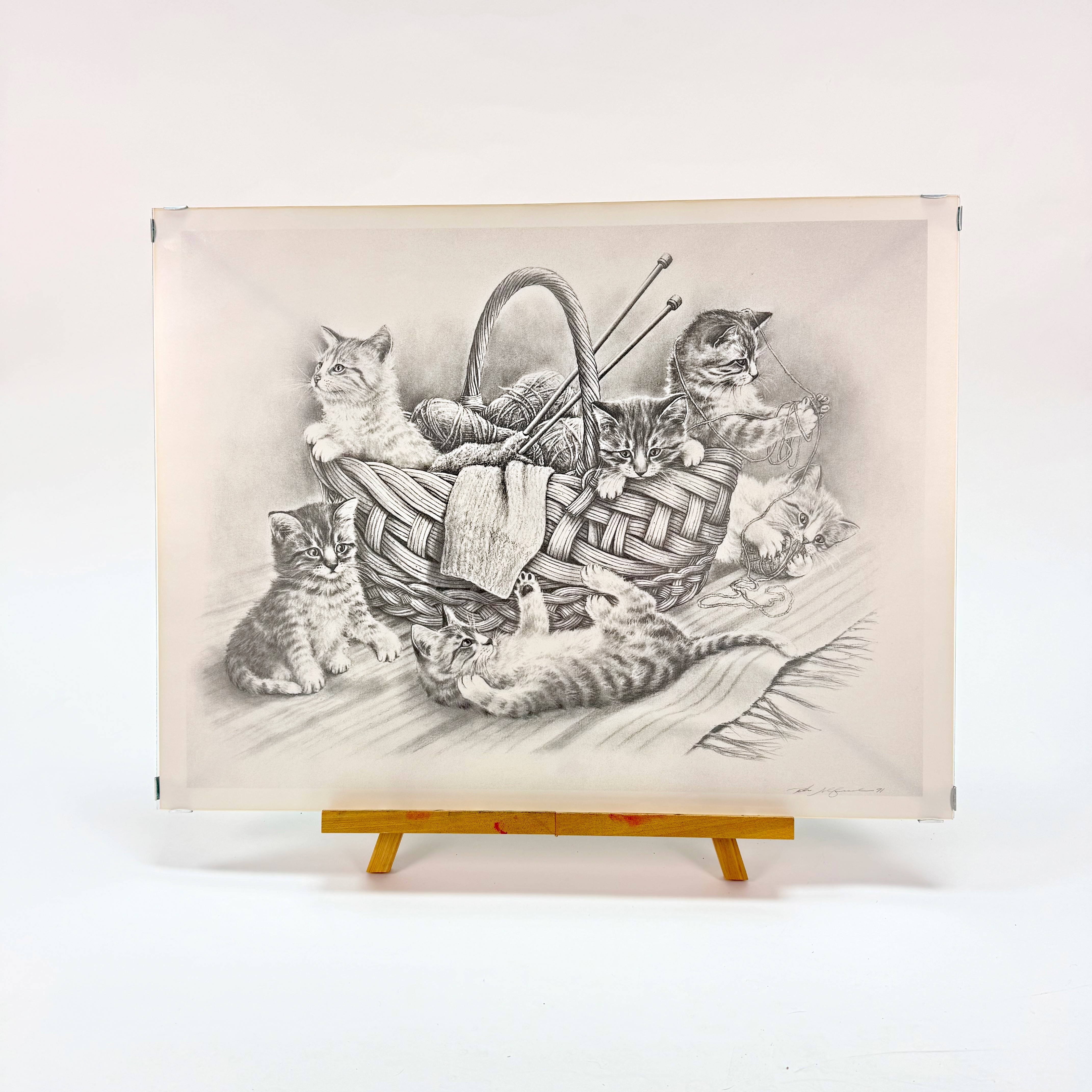 TECKNING BLYERTS. Katter i garnkorg, oidentifierad konstnär, signerad och daterad -91.