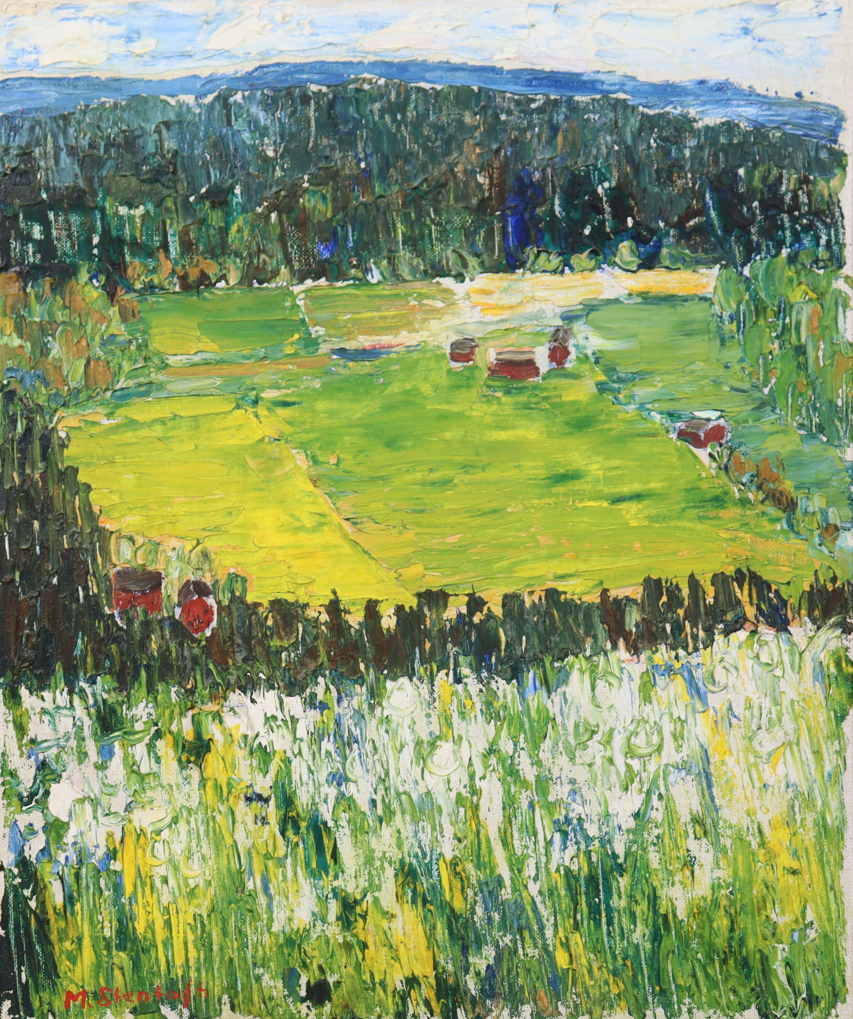 MAJ STENTOFT (1924-2005). olja på duk, lanskapsvy.