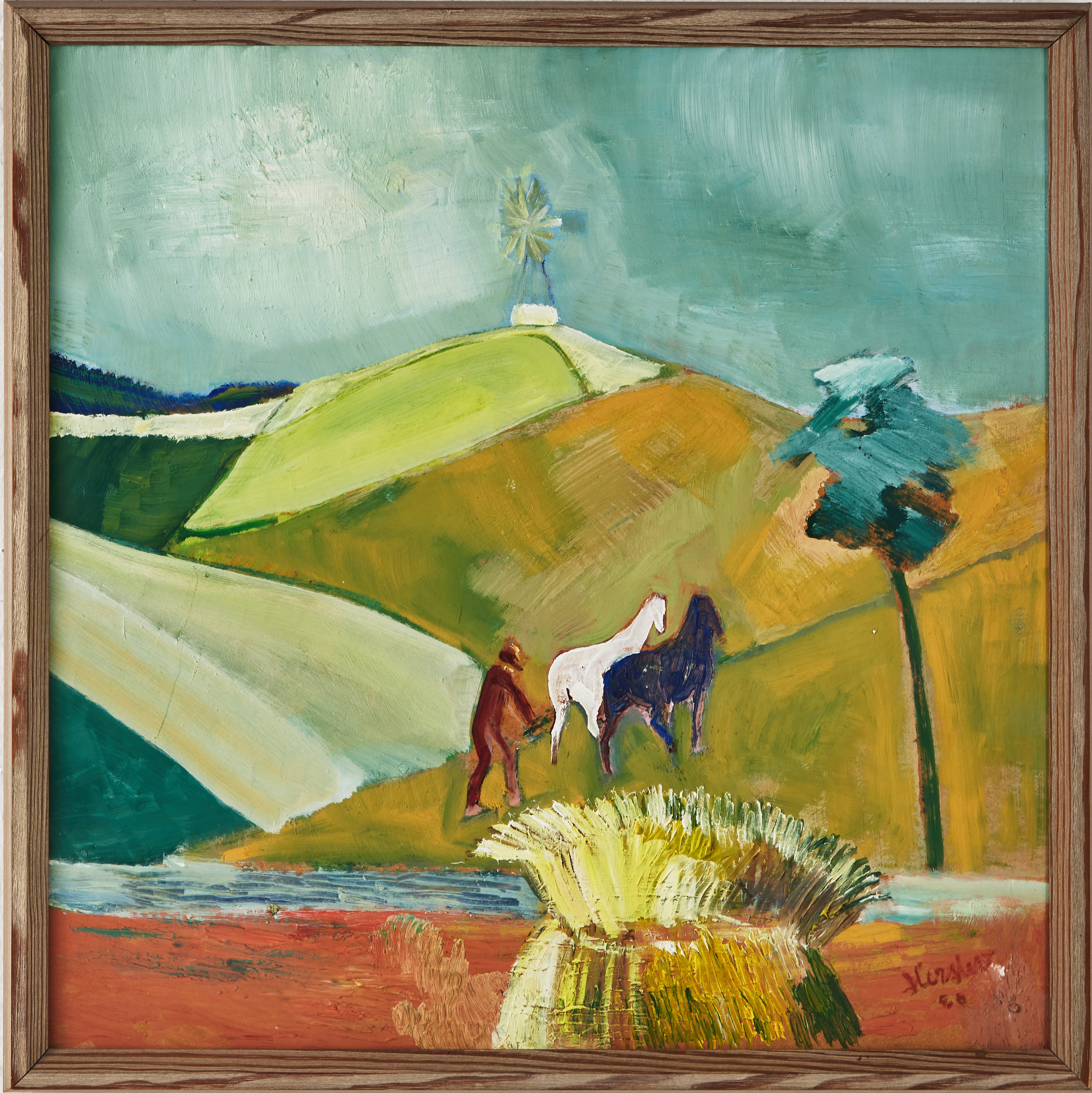 Åkerbruk med vindmölla, olja på pannå.