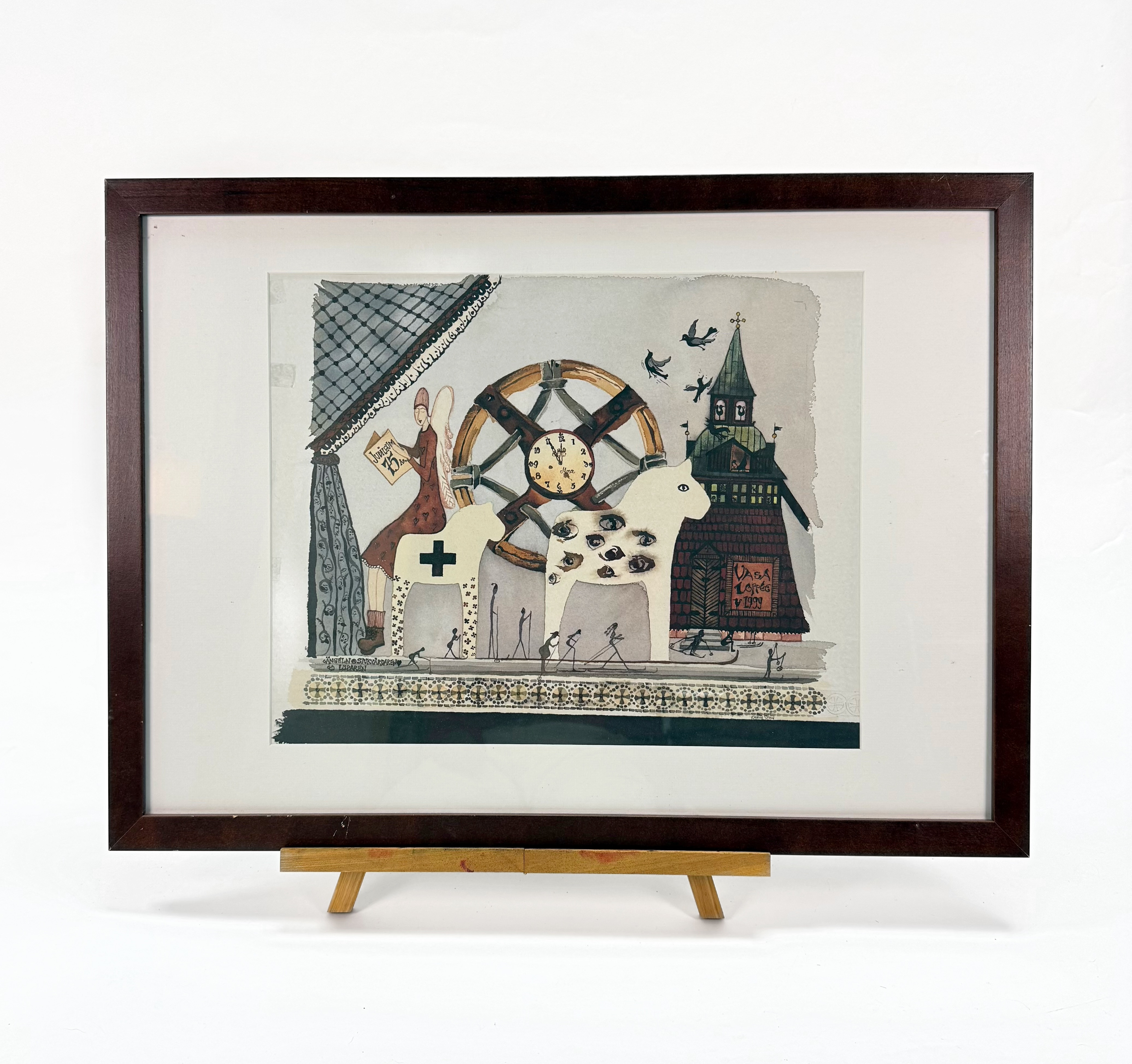 KARIN STEN. AKVARELL - Ängeln Sjukvårdaren & Löparen, vasaloppet 1999, signerad.