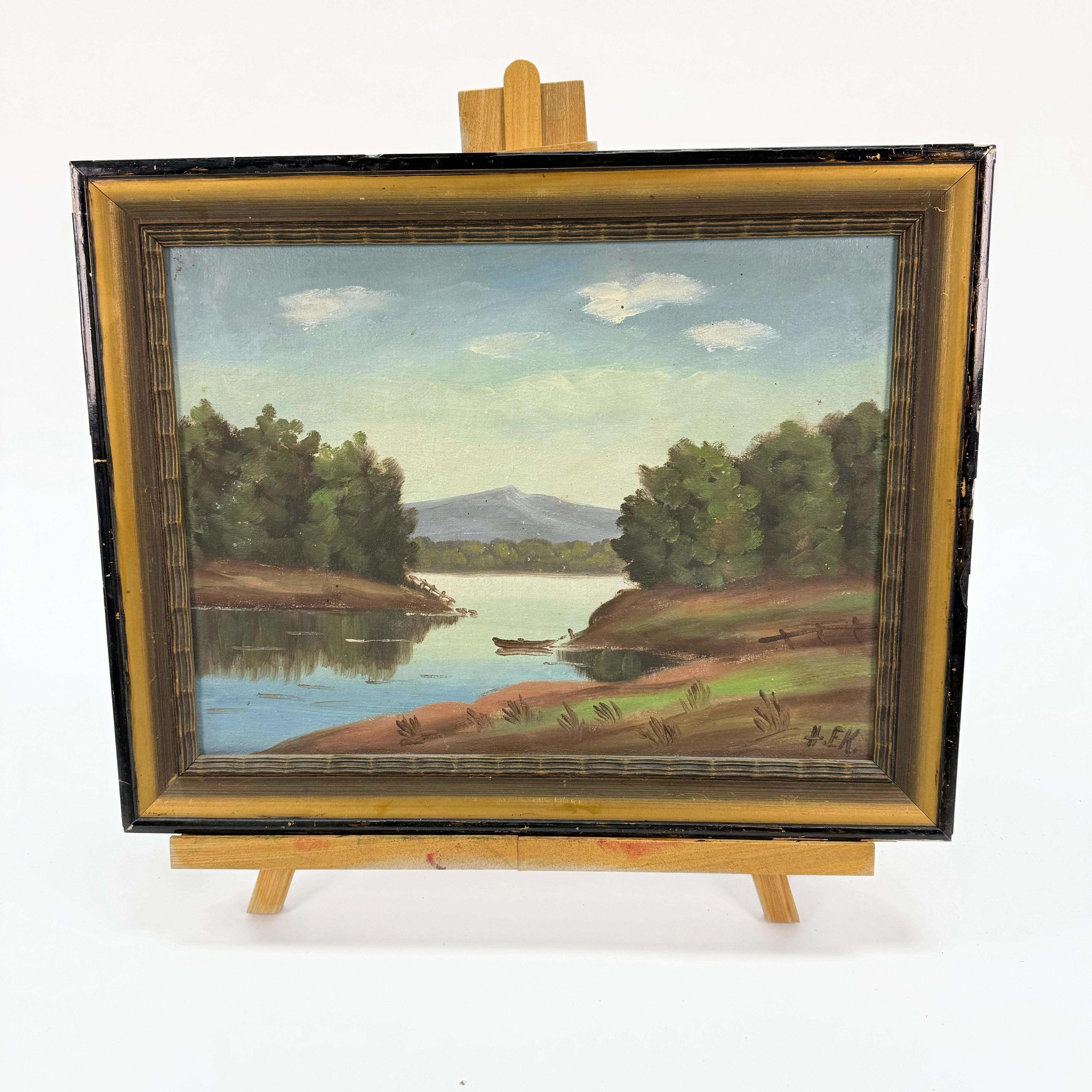 H.EK. olja på duk, vik med eka, oidentifierad konstnär.