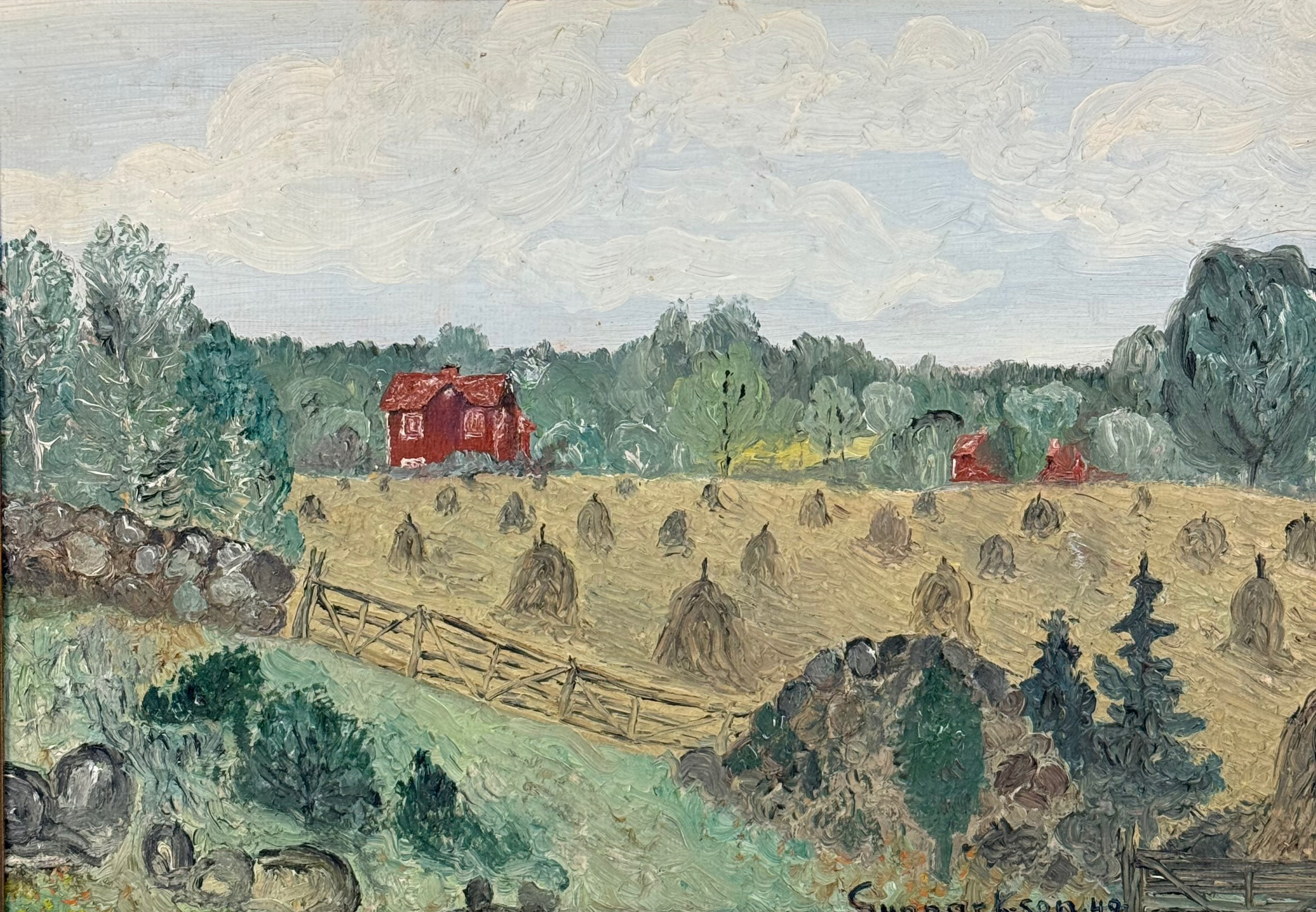 GUNNAR K.SON. oljemålning på pannå, motiv med Hus och hässjor signerad och daterad -42.