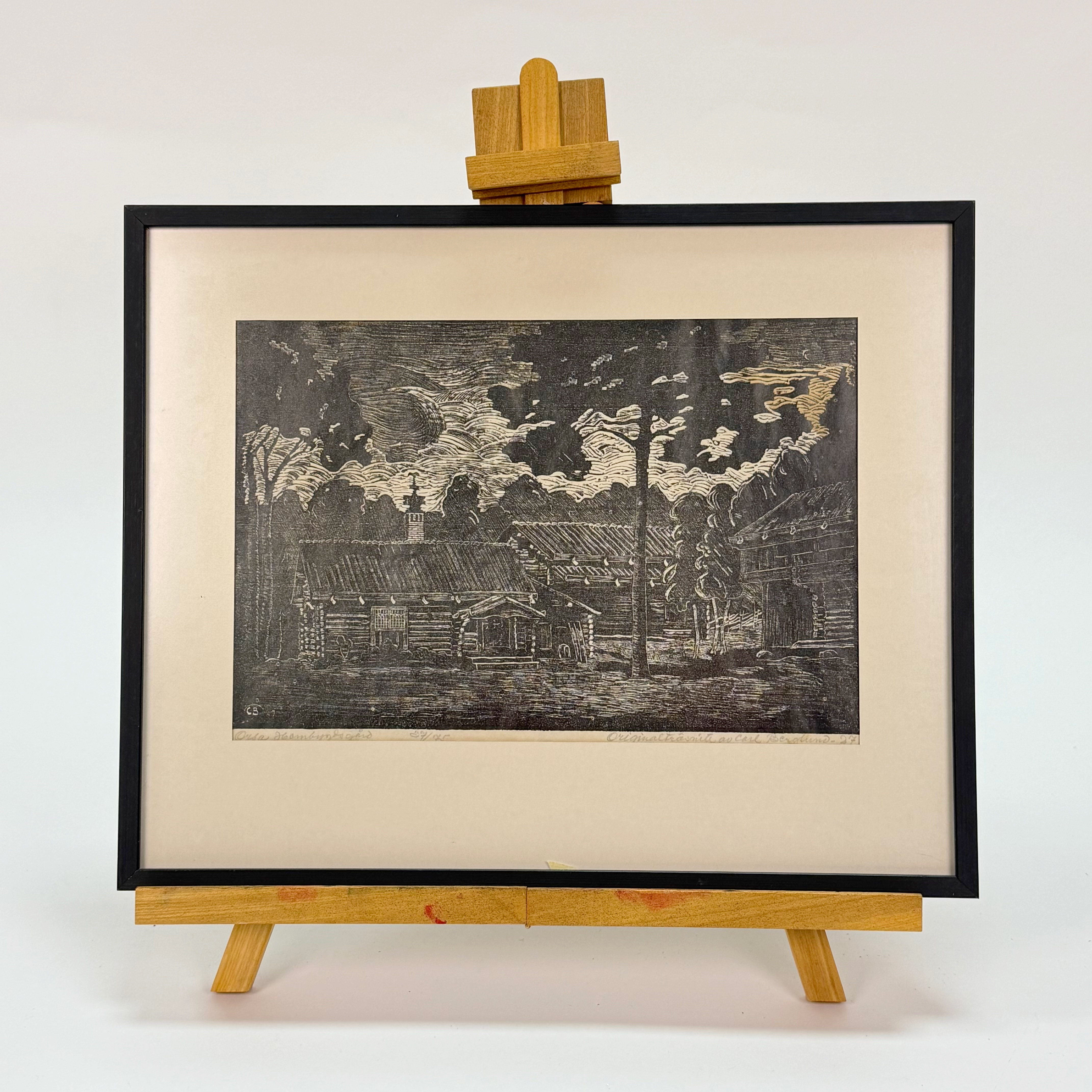 CARL B BERGLUND. Träsnitt numrerad 37/75, signerad samt daterad 1927, "Orsa Hembygdsgård".