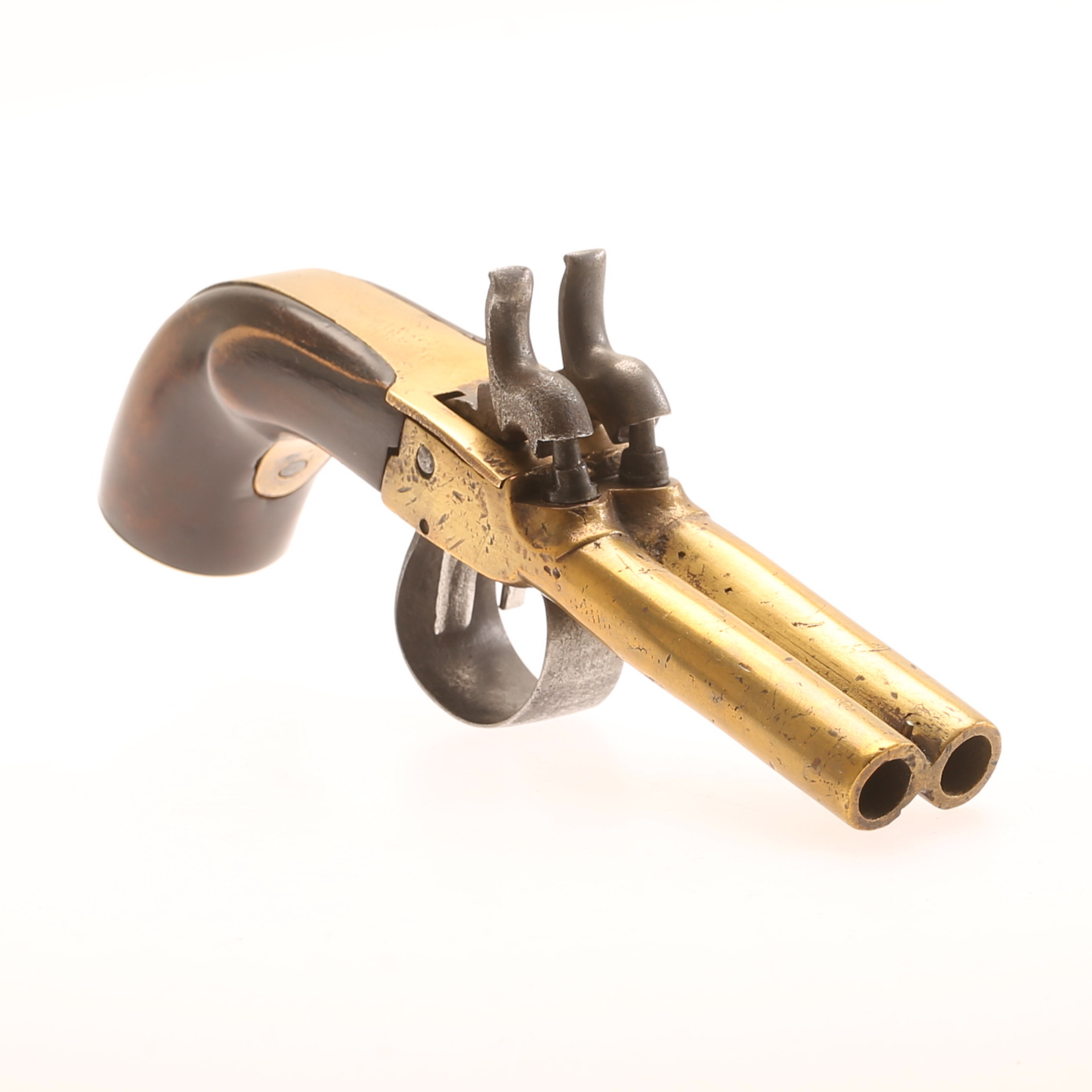 PISTOL, dubbelpipig, mässing, svensk kring 1850.