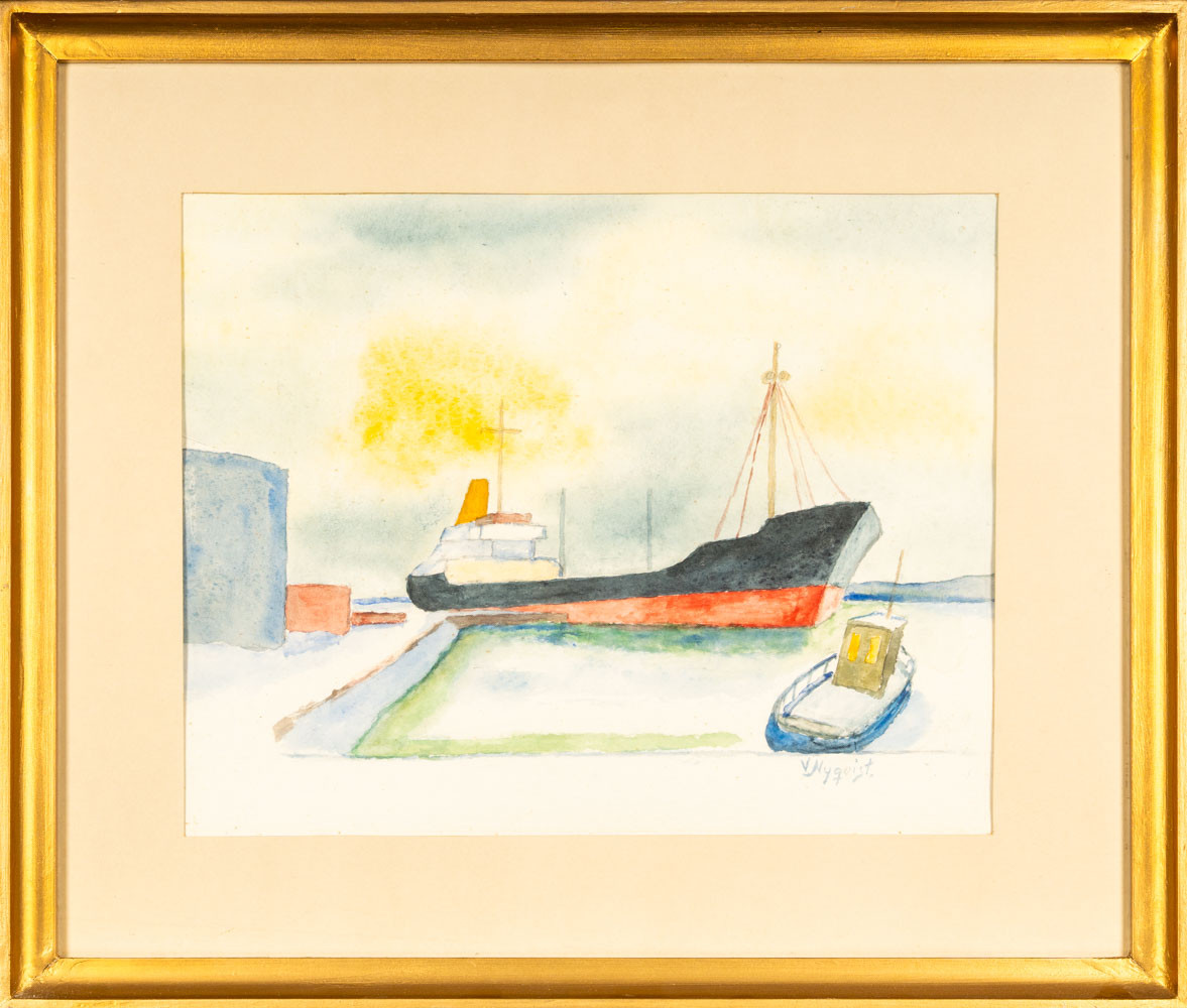 VÄINÖ NYQVIST. Akvarell på papper "Tanker i Umehamn" Signerad 1900-tal.