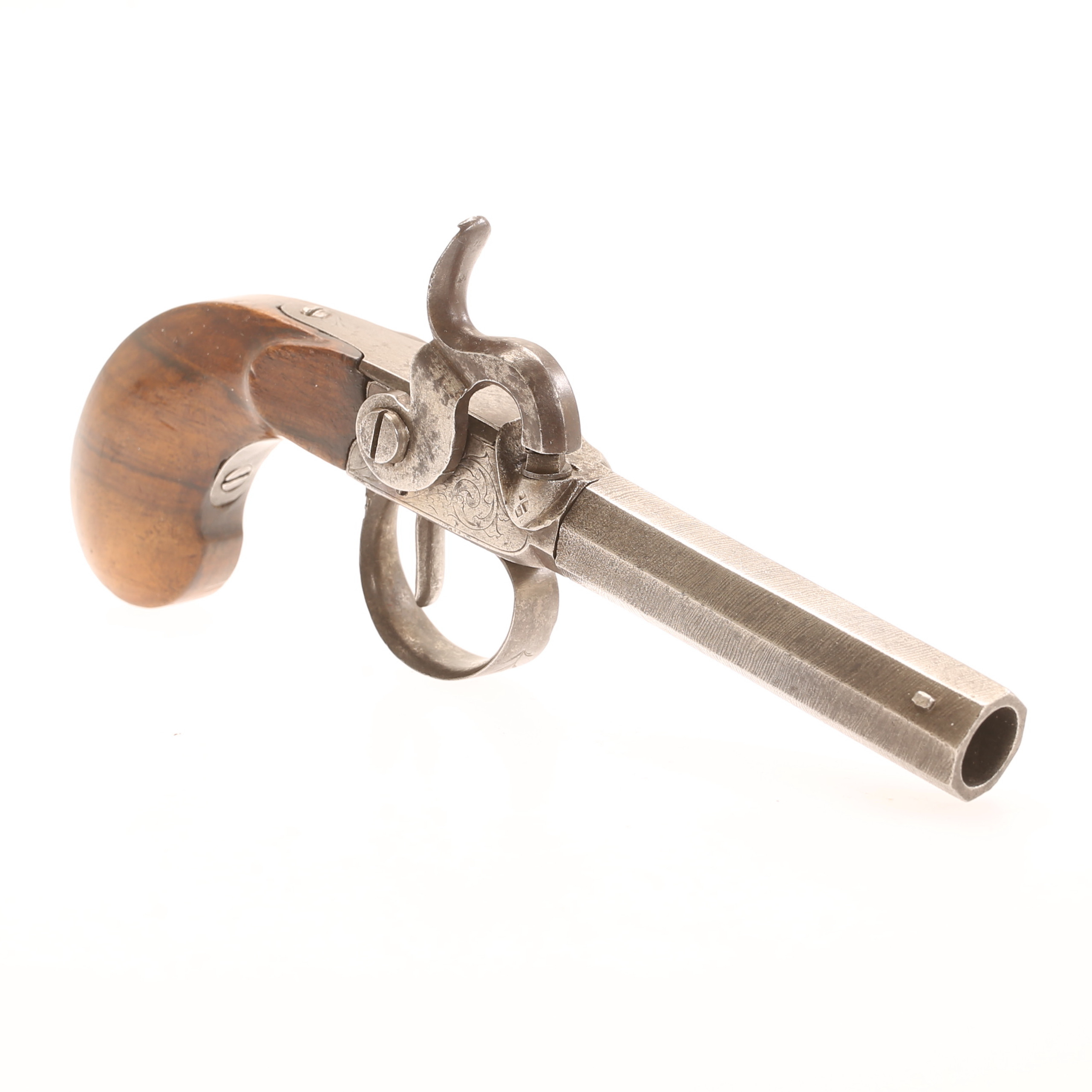 SLAGLÅSPISTOL, med avskruvbar pipa, damaskerad, Belgisk 1800-tal.