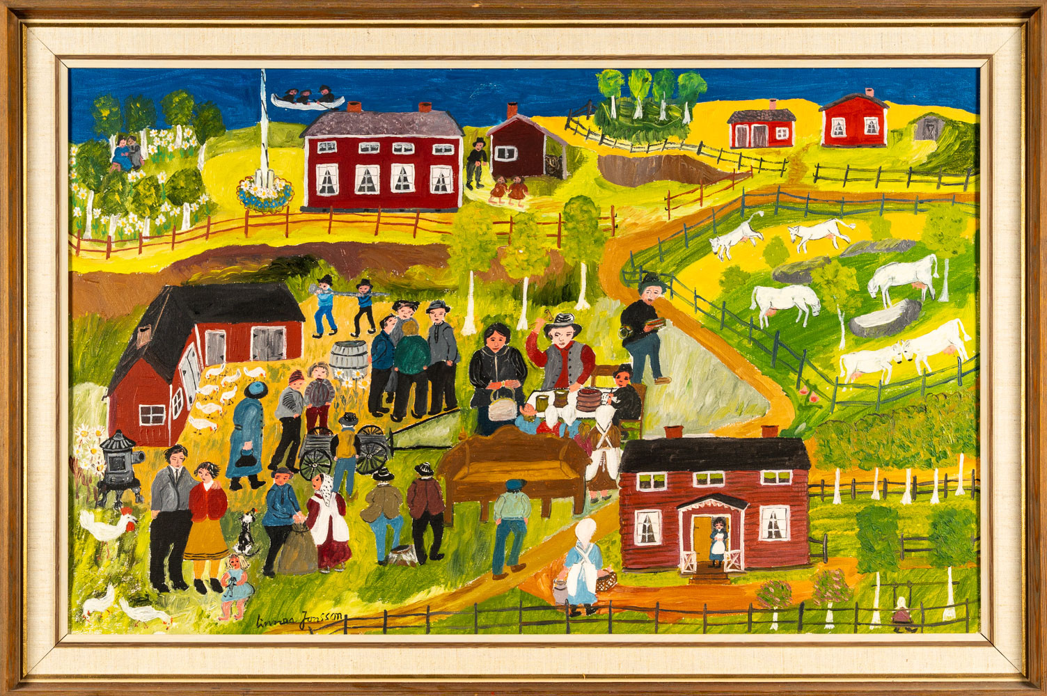 LINNEA JONSSON. Olja på duk "Auktion i Mellangården, Signerad 1900-tal.