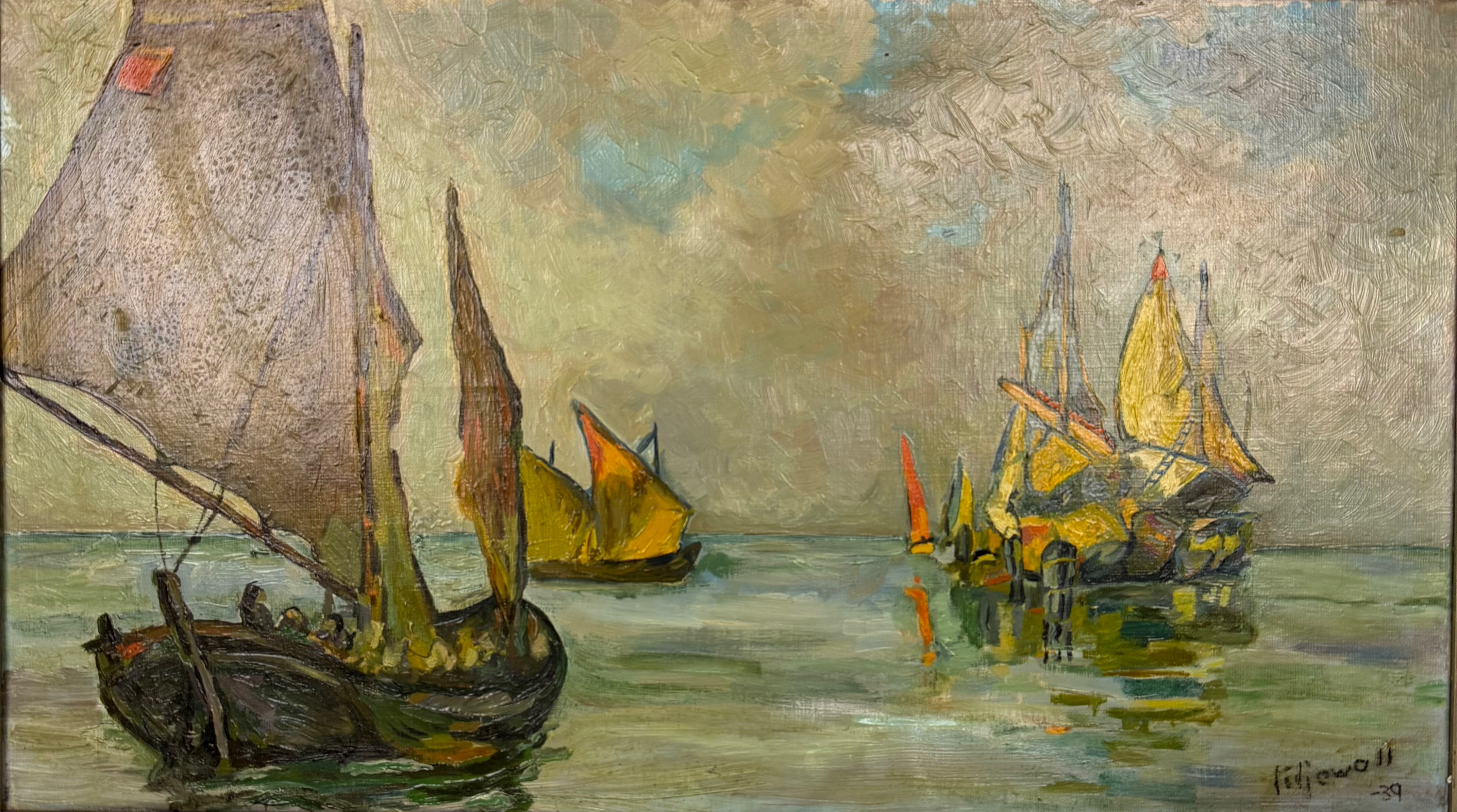 OIDENTIFIERAD KONSTNÄR. båtar, olja på duk, signerad Liljewall och daterad -39.