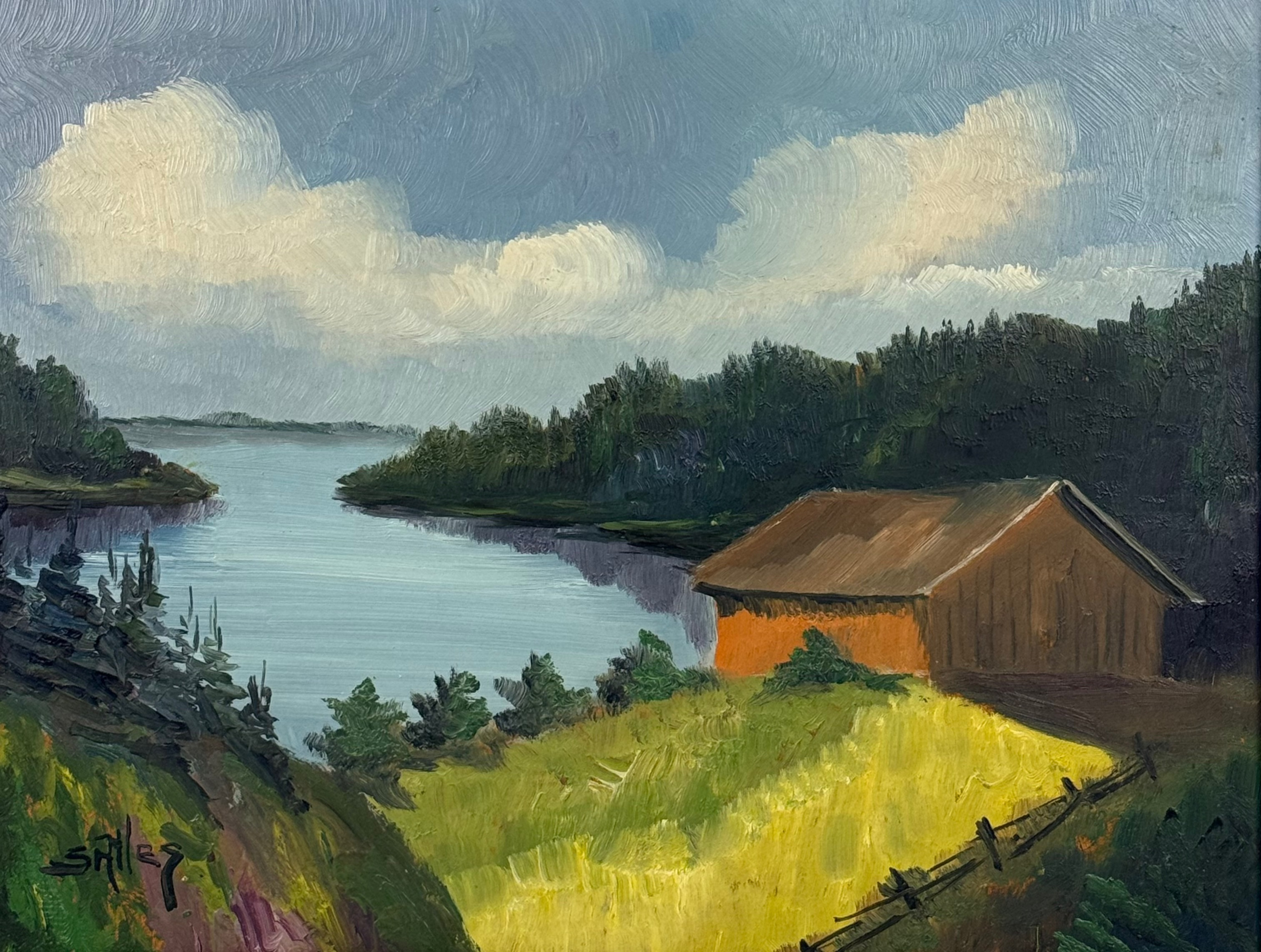 OIDENTIFIERAD KONSTNÄR. Lada vid viken, oljemålning, otydligt signerad.