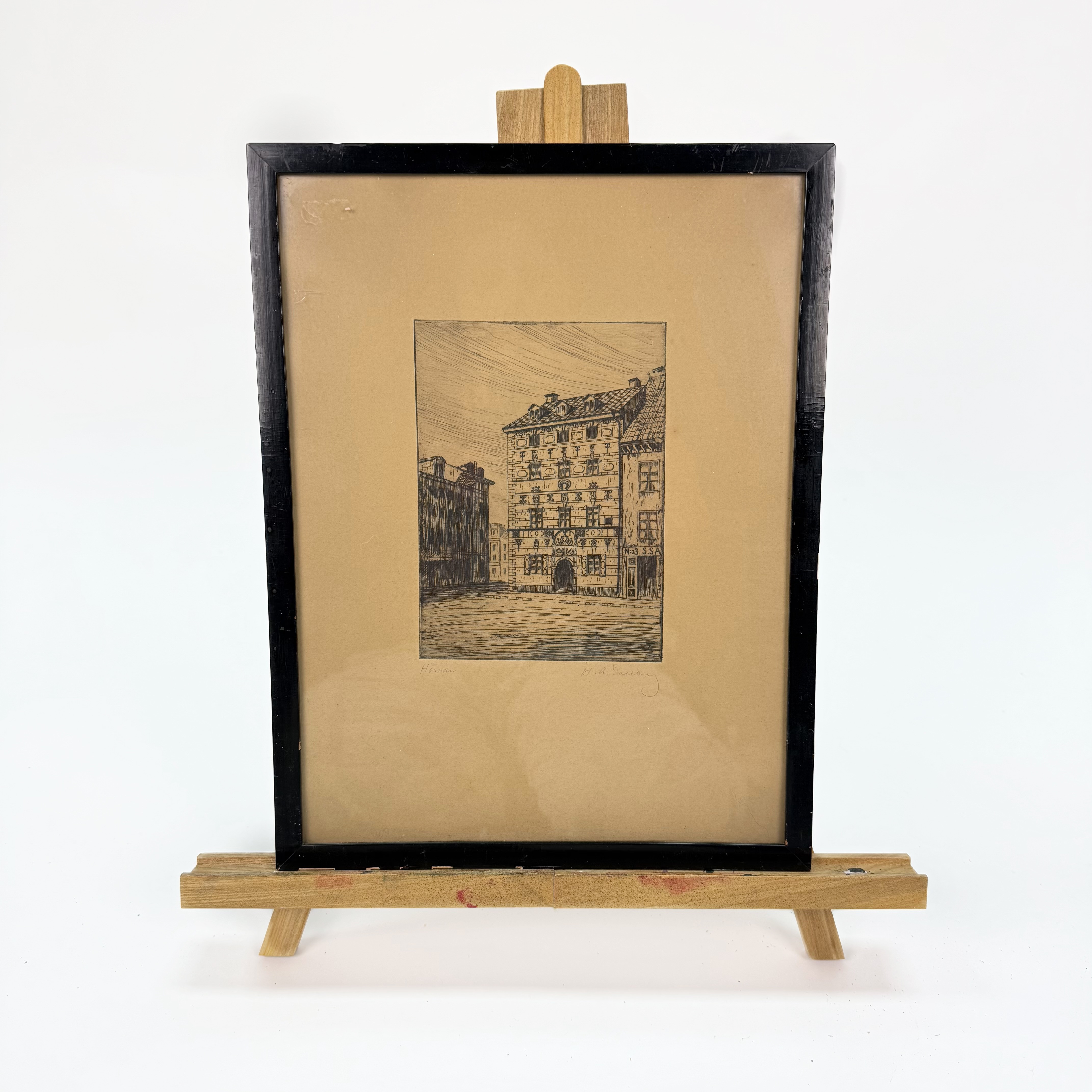 HARALD SALLBERG. Etsning, "Hörnan" Arsenalsgatan, signerad H.a Sallberg.