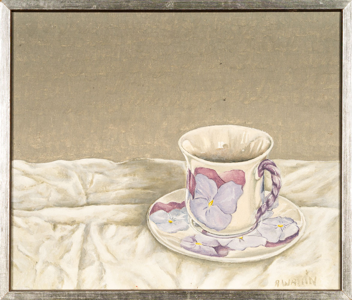 OIDENTIFIERAD KONSTNÄR. Olja på duk, Stilleben, Signerad: A.Wallin & daterad 1981.