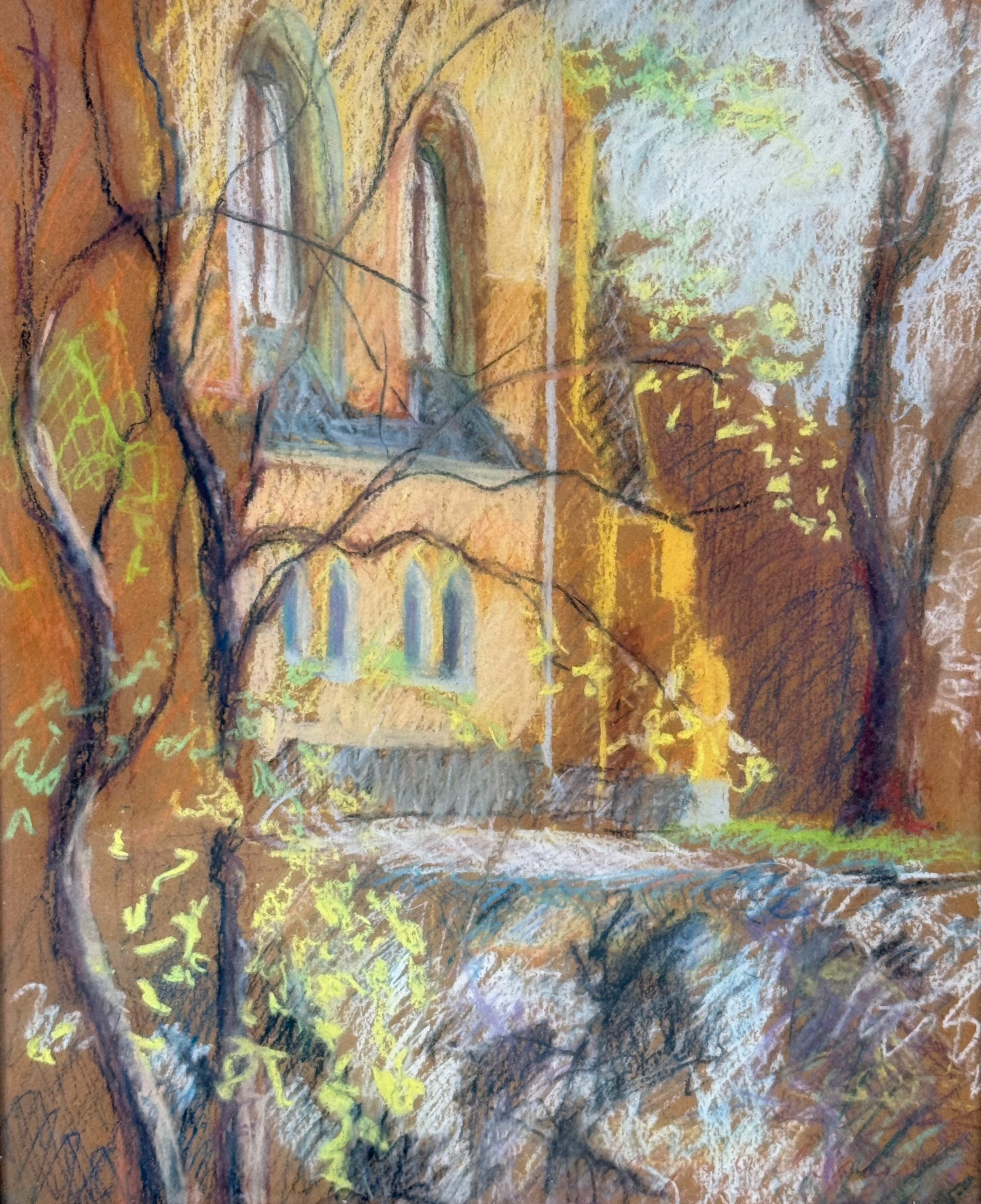 OKÄND KONSTNÄR. Krita, motiv med kyrkogavel.