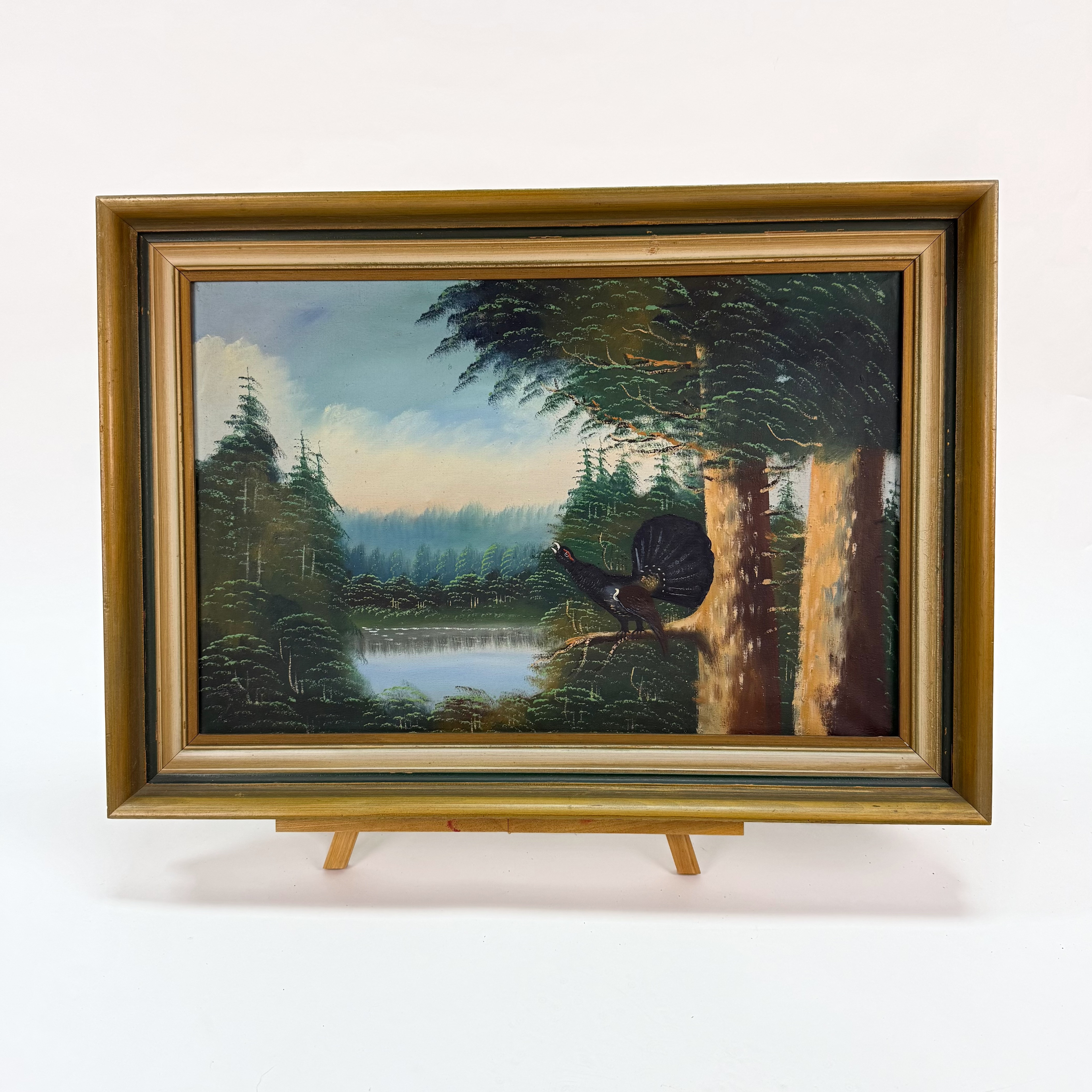 OIDENTIFIERAD KONSTNÄR. Tjäder i träd, oljemålning, kopia efter Bruno Liljefors.