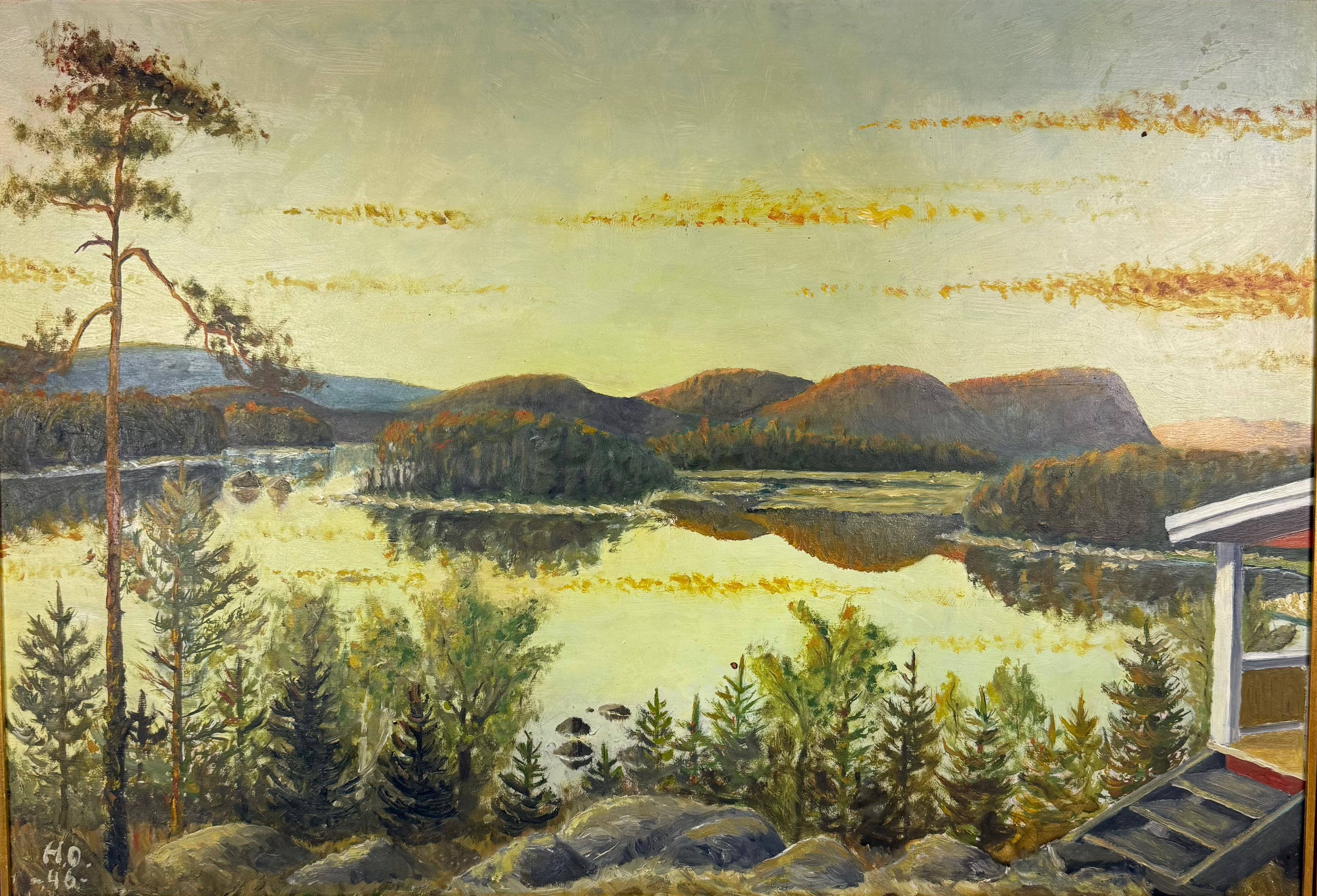 OIDENTIFIERAD KONSTNÄR. Landskap, oljemålning på pannå, signerad HO och daterad -46.