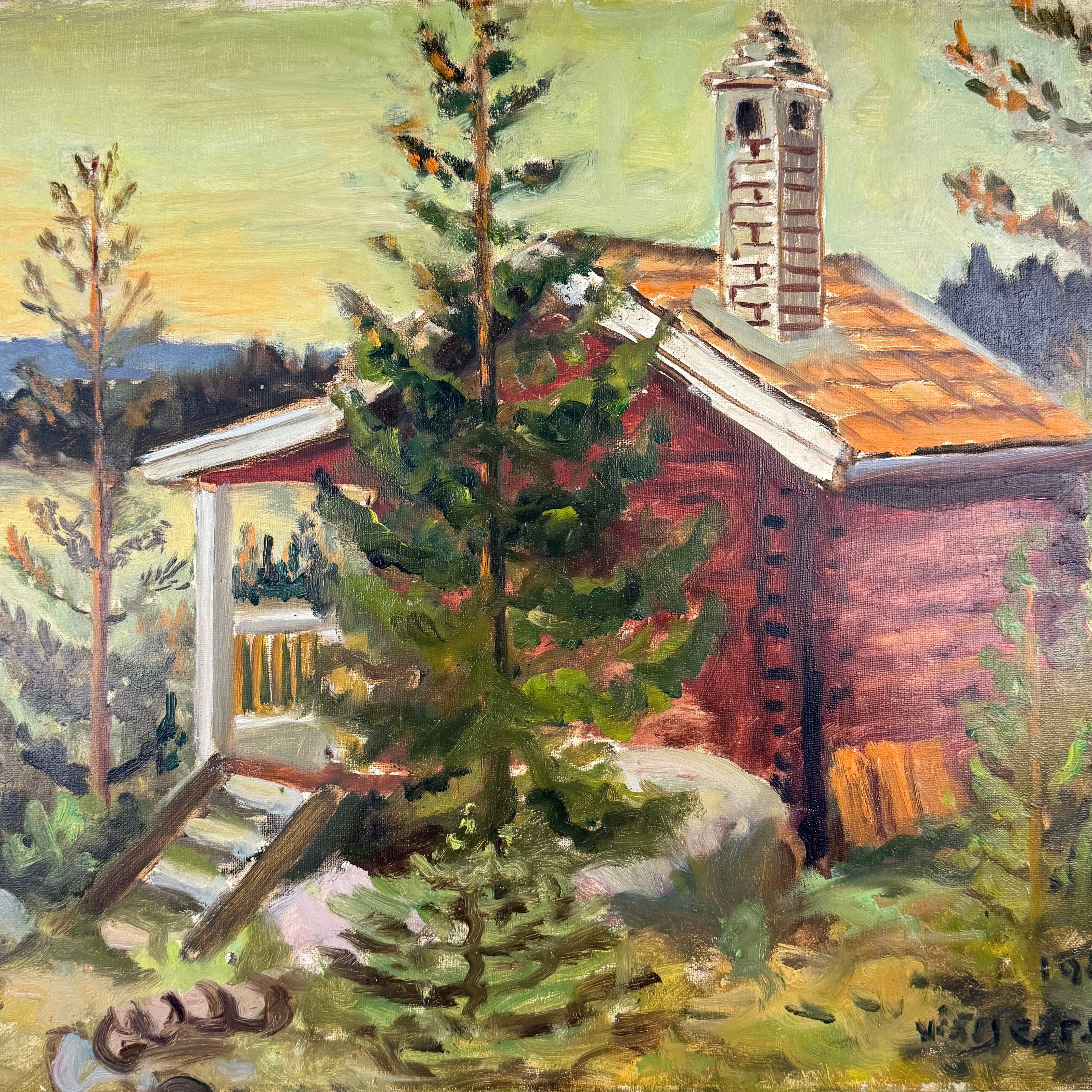 OIDENTIFIERAD KONSTNÄR. Stuga på höjden, oljemålning, otydligt signerad och daterad 1952.
