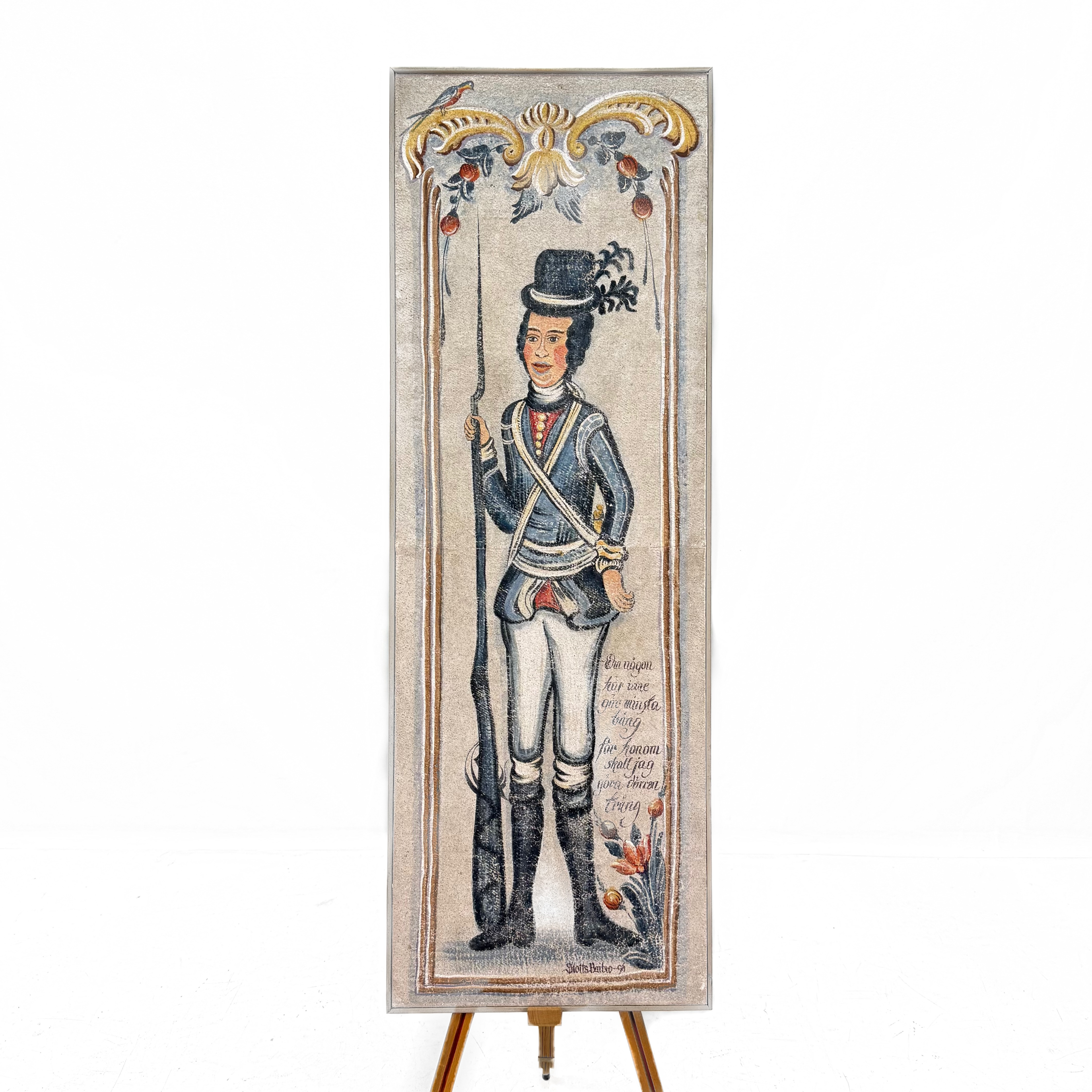 SLOTS BARBRO. Olja på väv, "Om någon här inne gör minsta bång, för honom ska jag göra dörren trång".