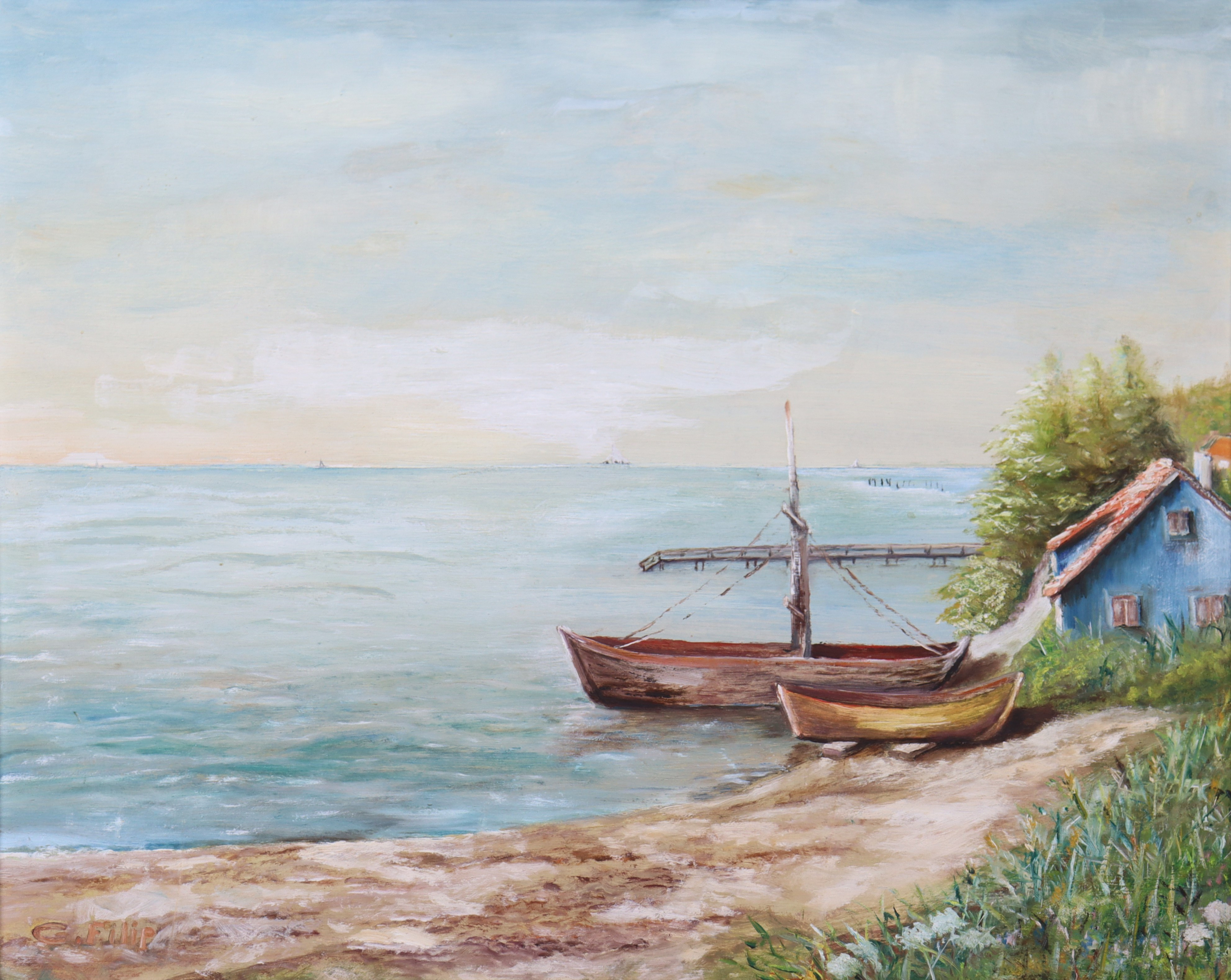 CARL FILIP MÅNSSON. olja på pannå, båtar på strand.